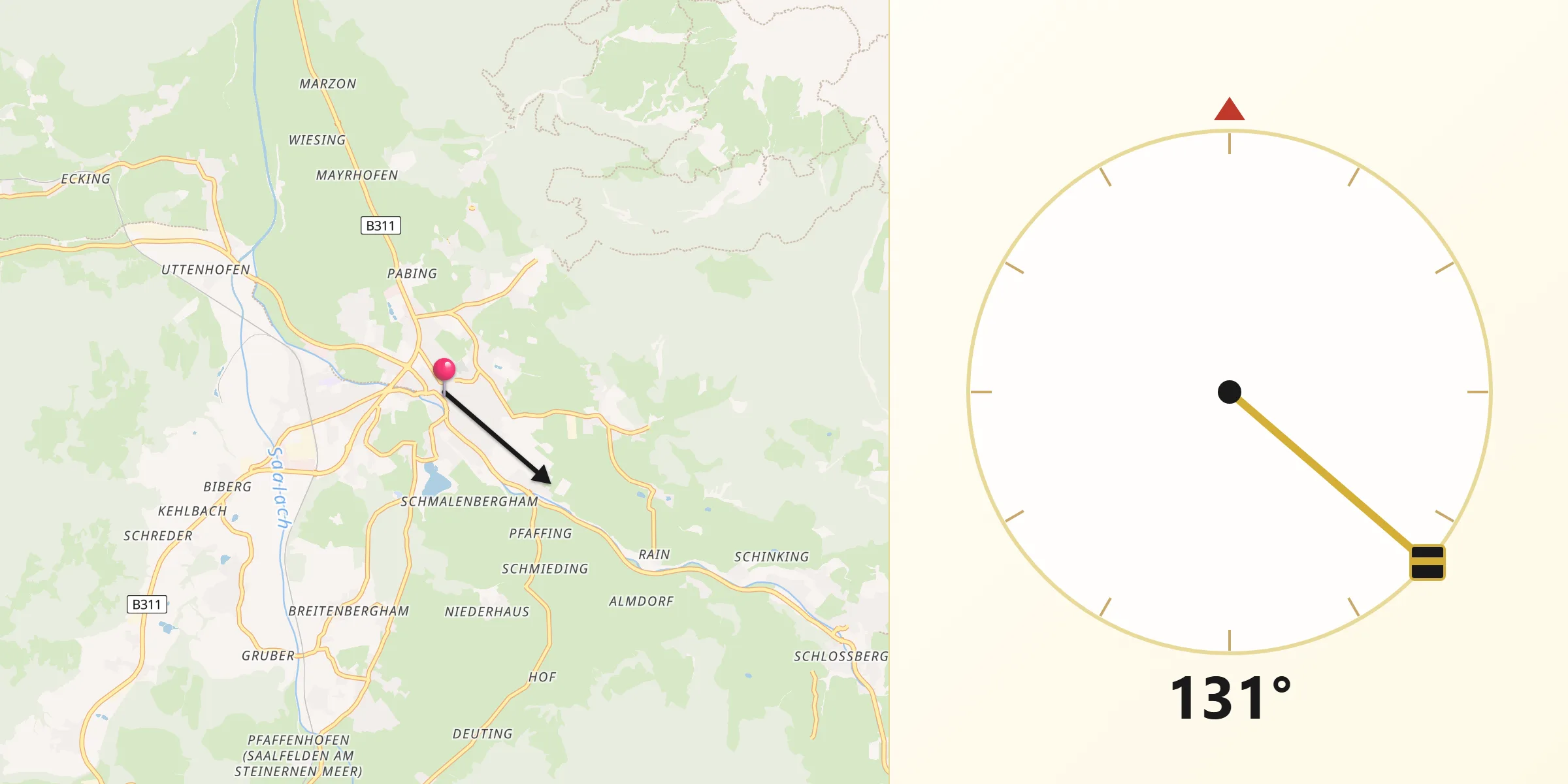 Qibla-Richtung von Saalfelden am Steinernen Meer