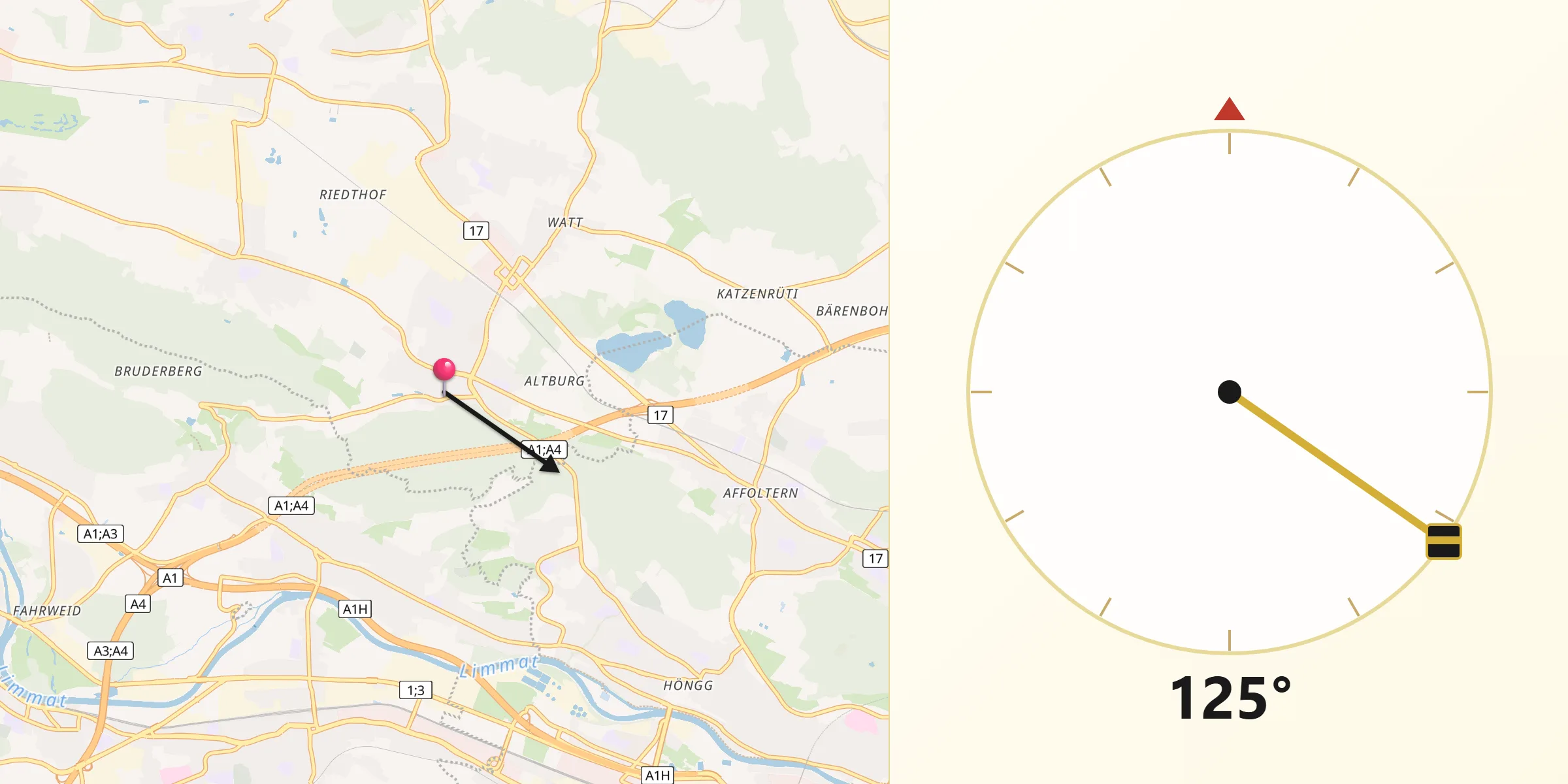 Direzione della Qibla da Regensdorf / Obstgarten