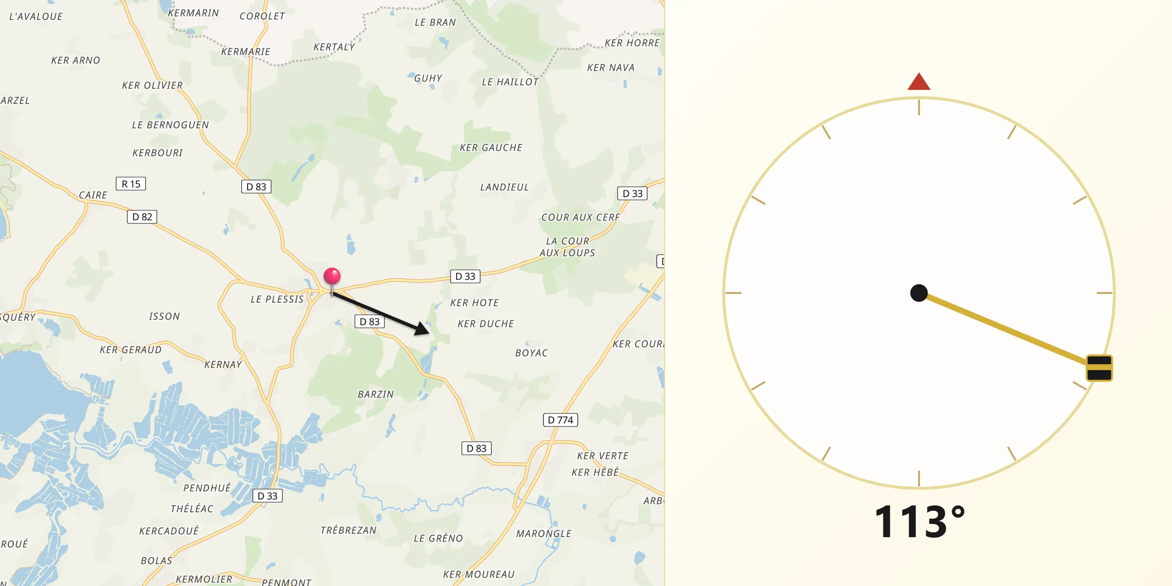 Direction vers la Qibla depuis Assérac