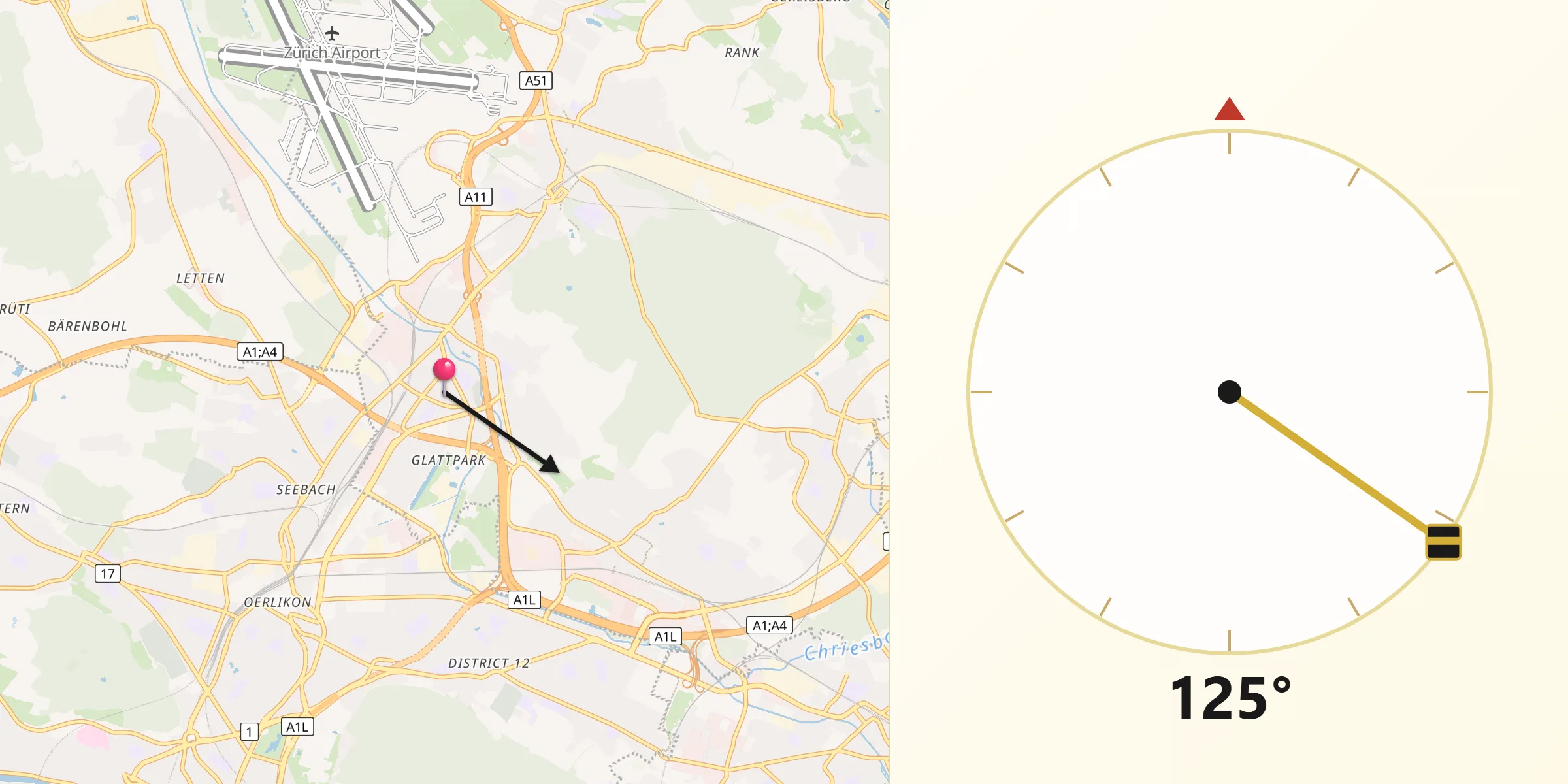 Direzione della Qibla da Glattbrugg / Wydacker/Bettacker/Lättenwiesen