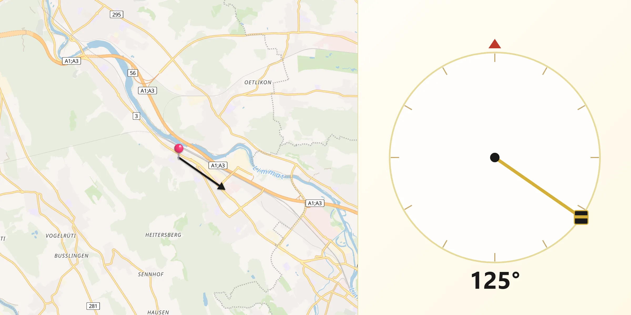 Direction vers la Qibla depuis Killwangen