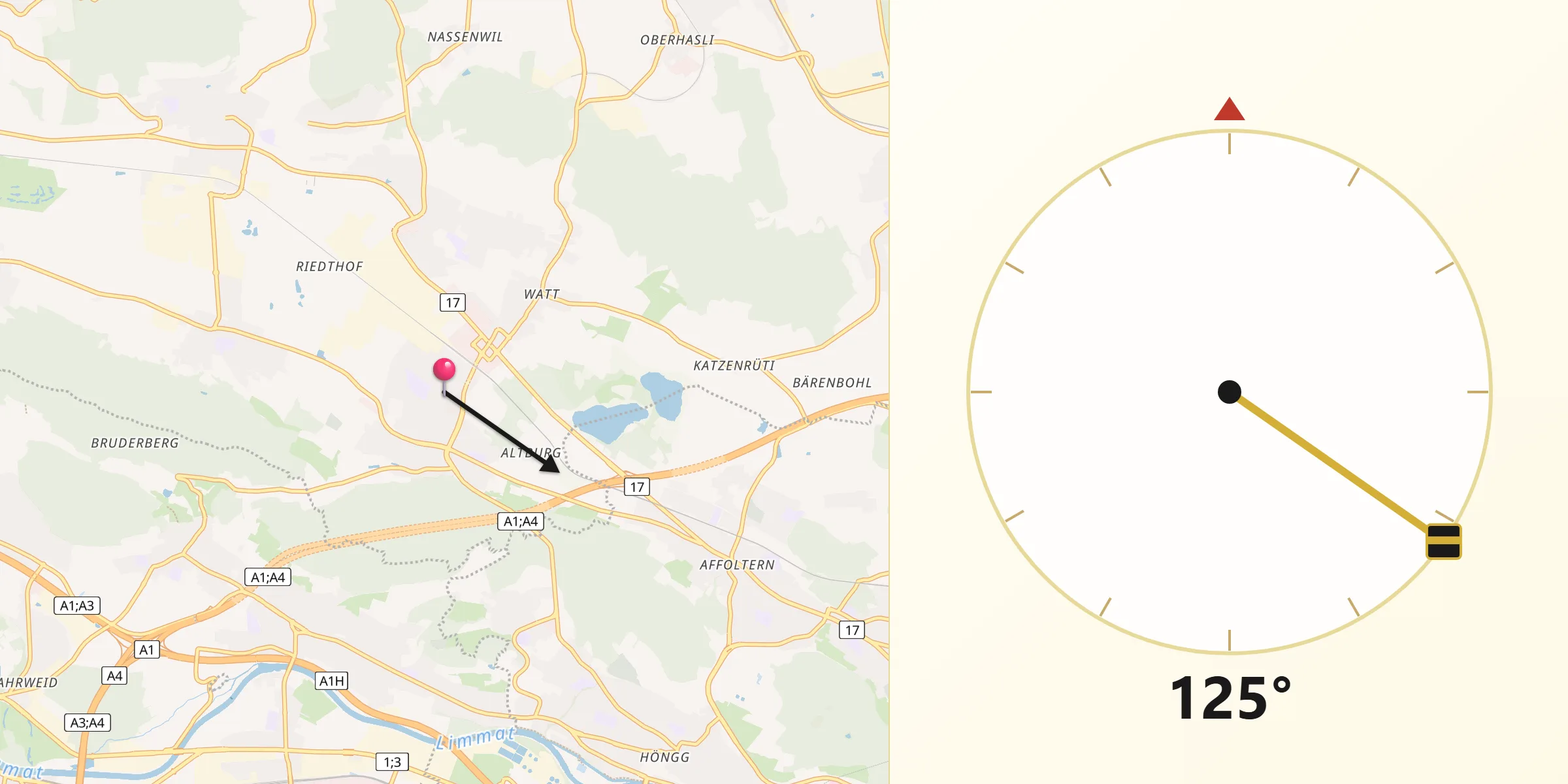 Qibla-Richtung von Regensdorf