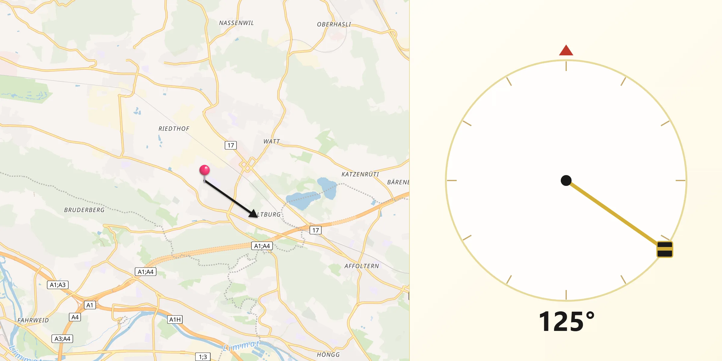 Qibla-Richtung von Regensdorf / Hofacher-Geeren