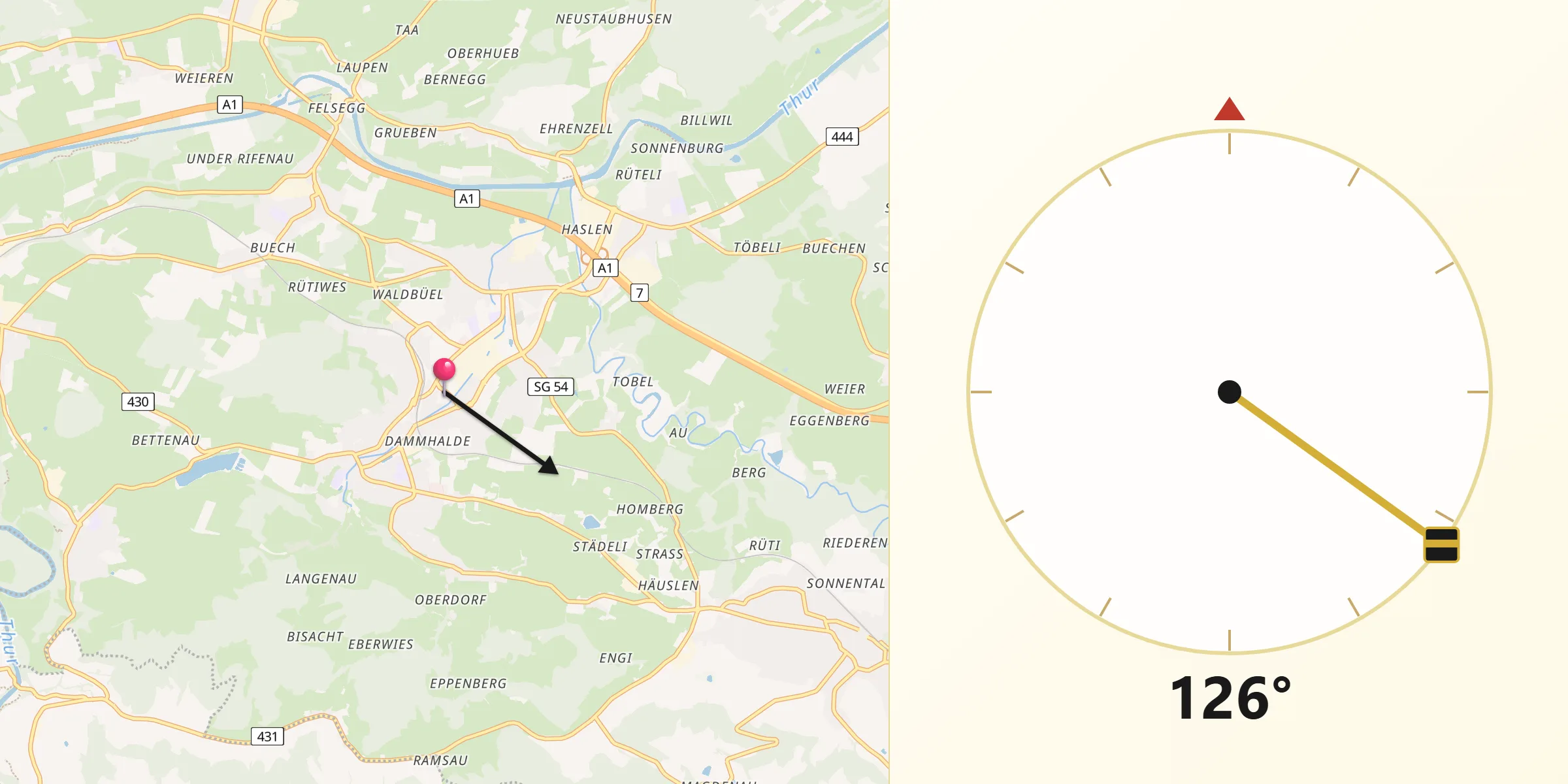 Direction vers la Qibla depuis Uzwil