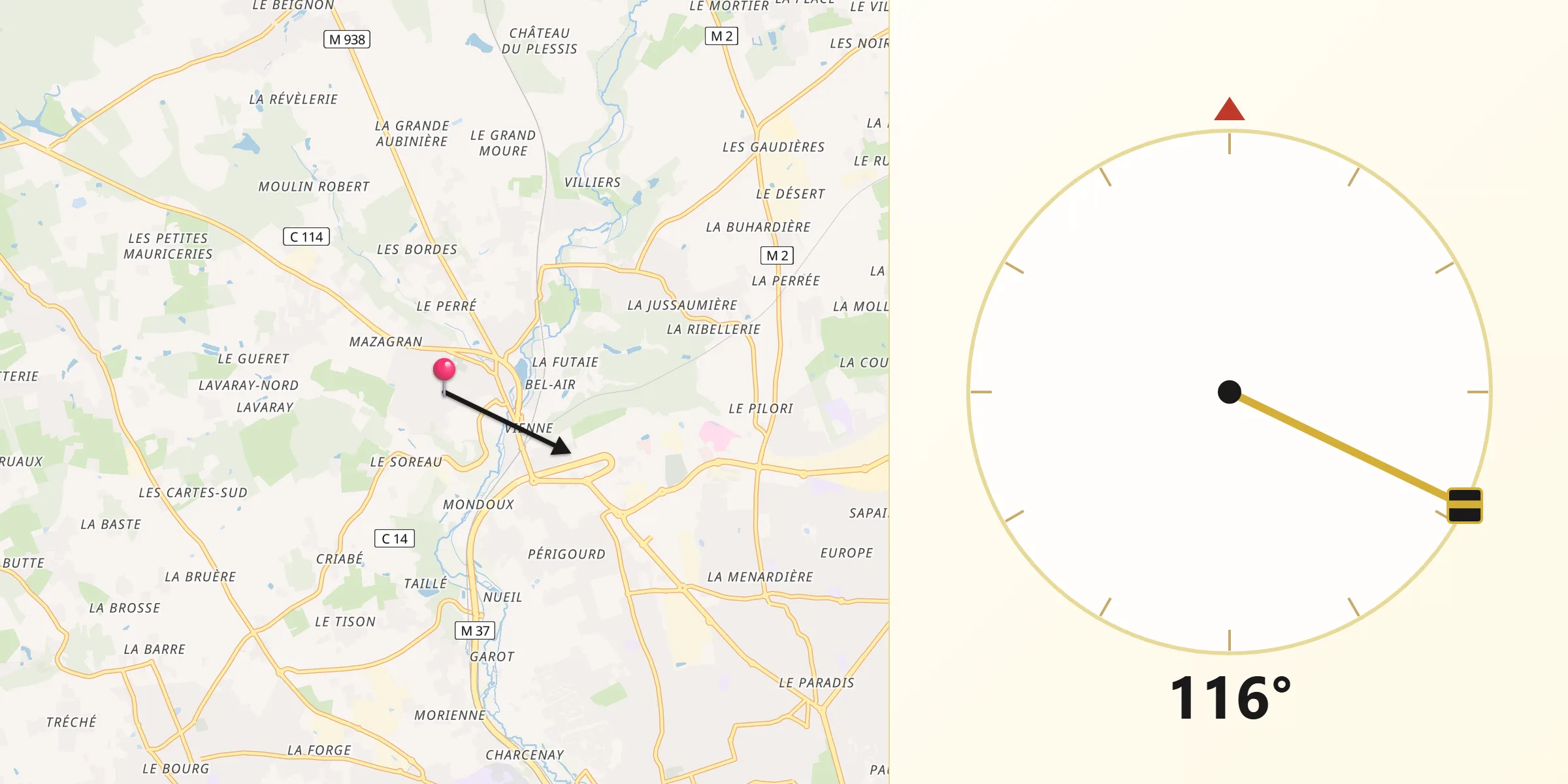 Direction vers la Qibla depuis La Membrolle-sur-Choisille