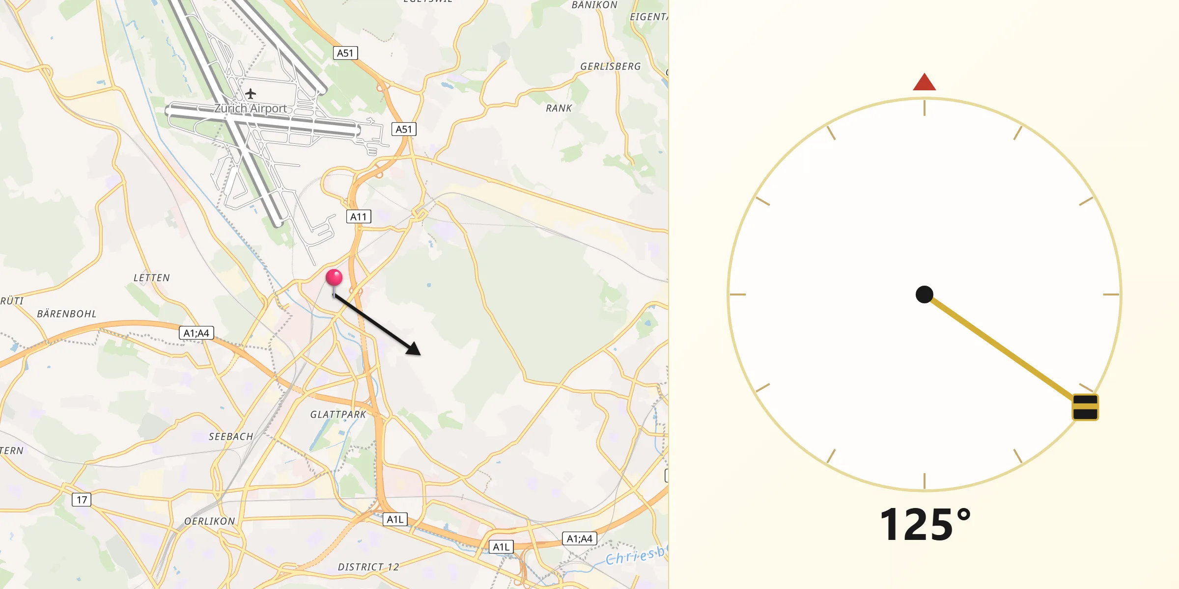 Qibla-Richtung von Glattbrugg / Rohr/Platten-Balsberg