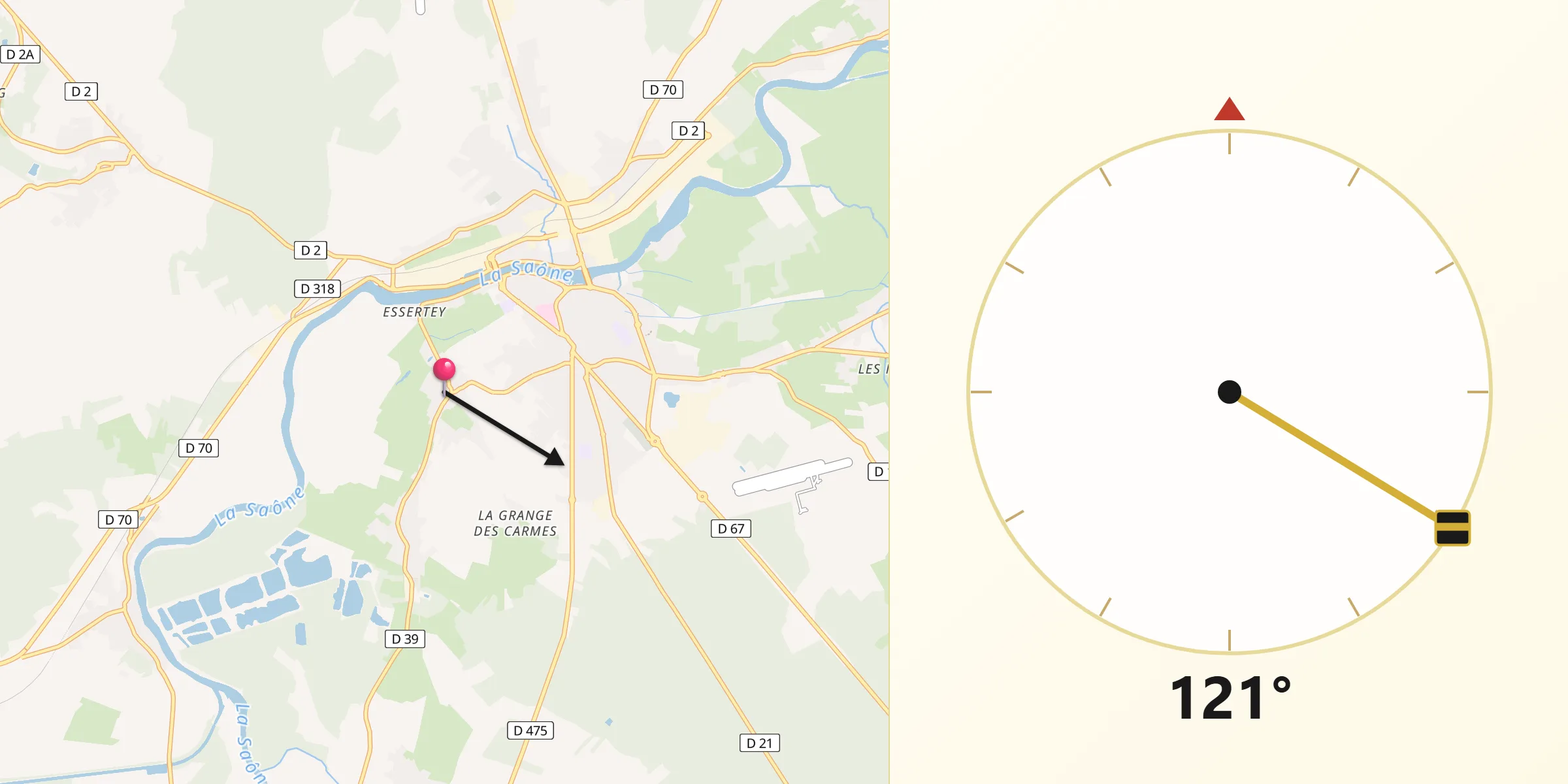 Direction vers la Qibla depuis Gray-la-Ville