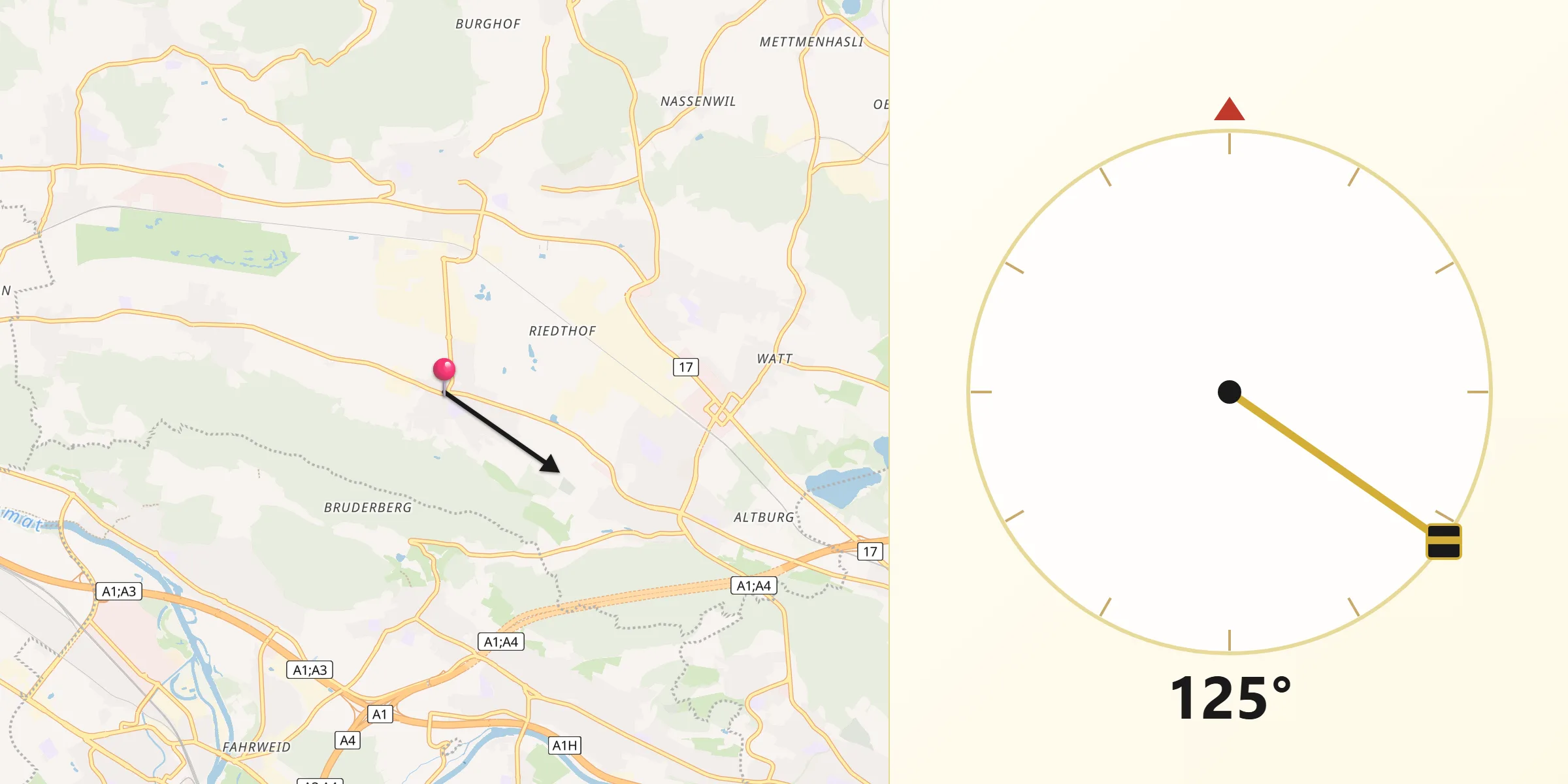 Qibla-Richtung von Dällikon / Dällikon (Dorf)