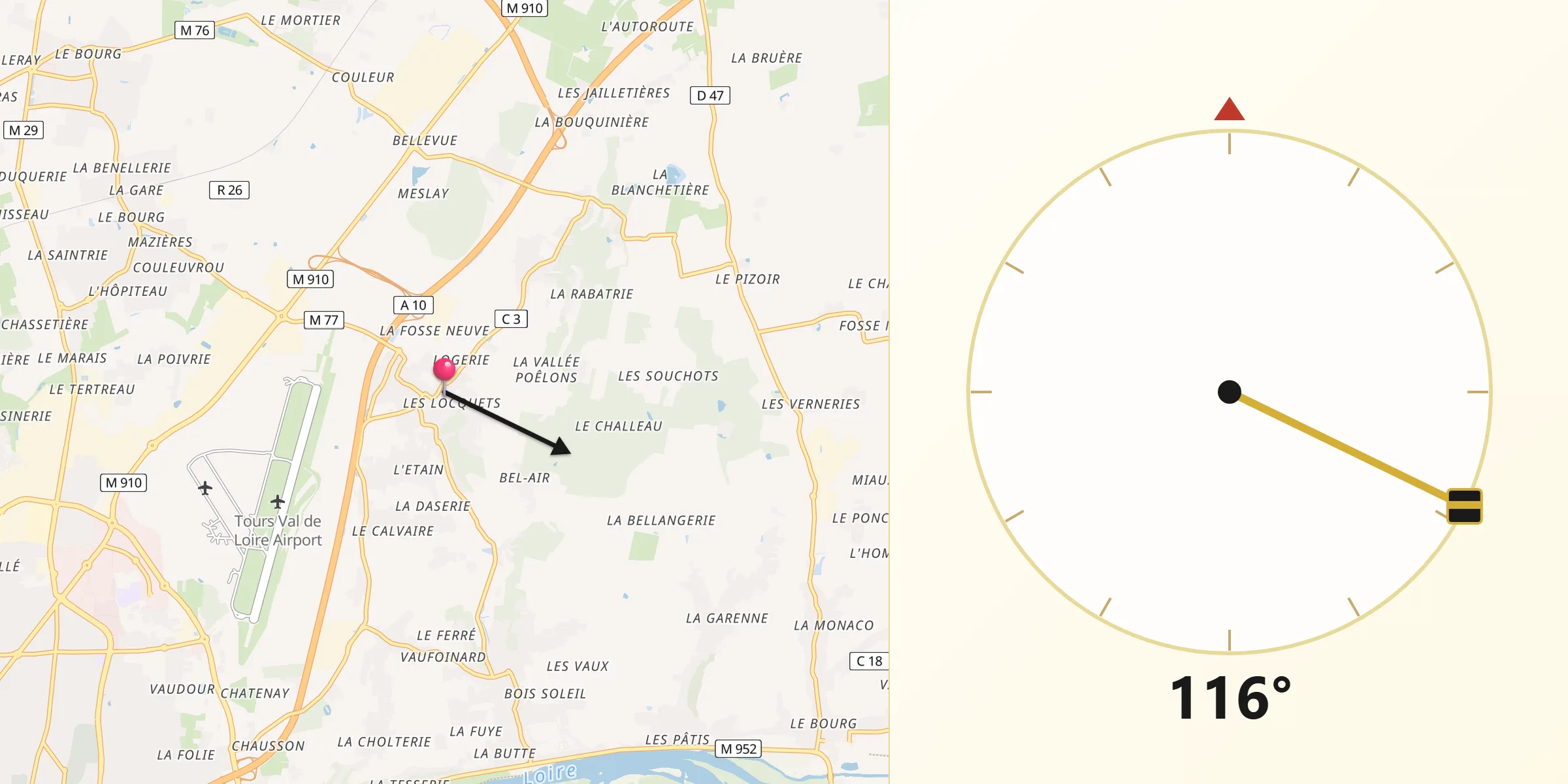 Direction vers la Qibla depuis Parçay-Meslay