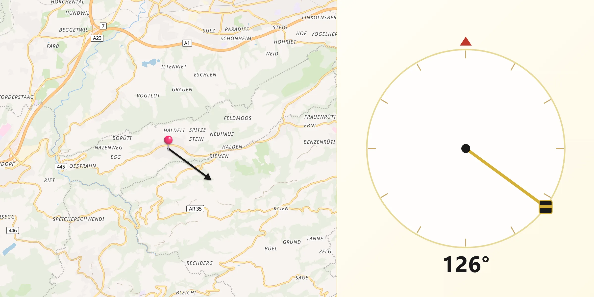 Direction vers la Qibla depuis Eggersriet