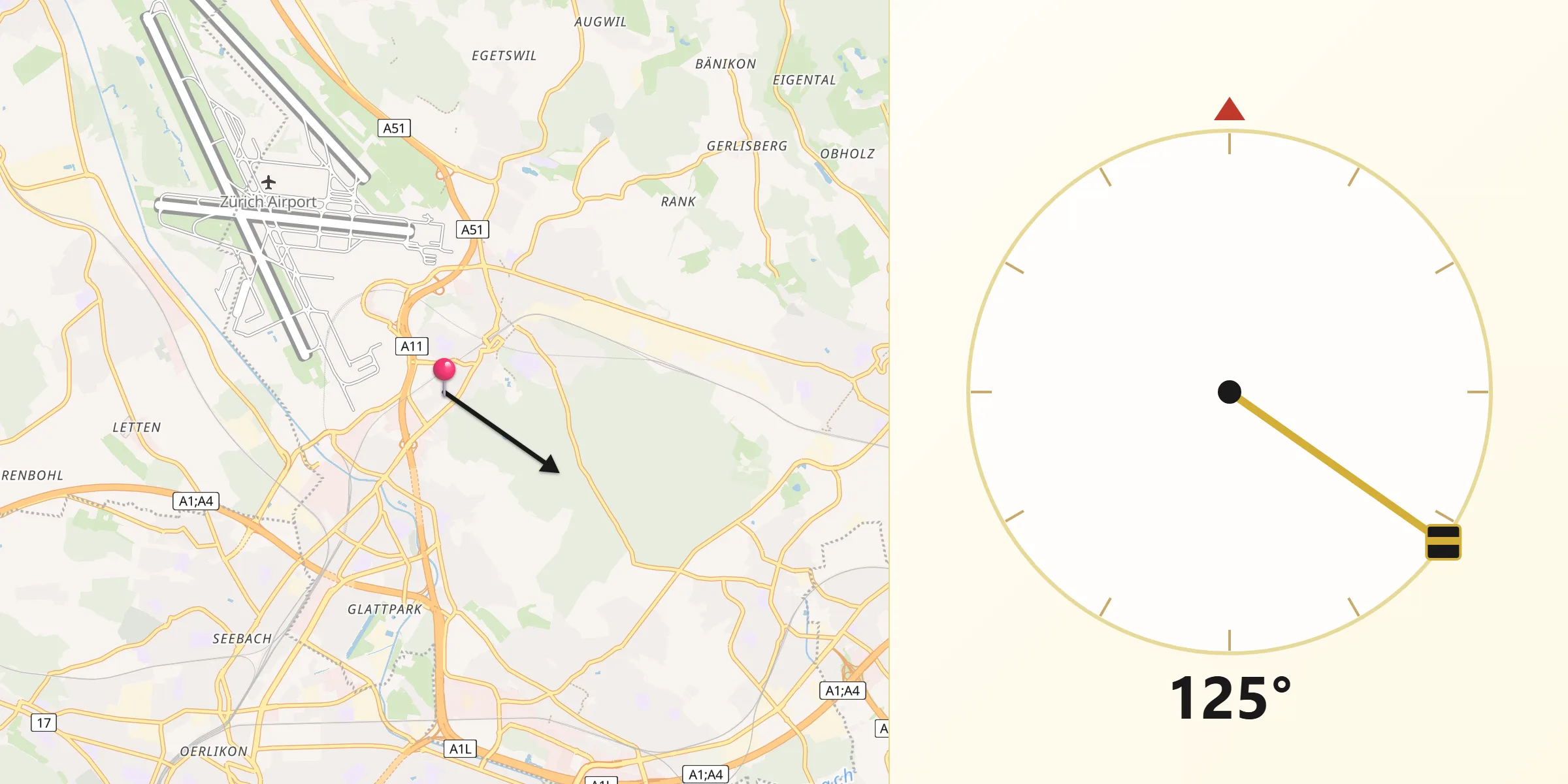 Direction vers la Qibla depuis Kloten / Balsberg