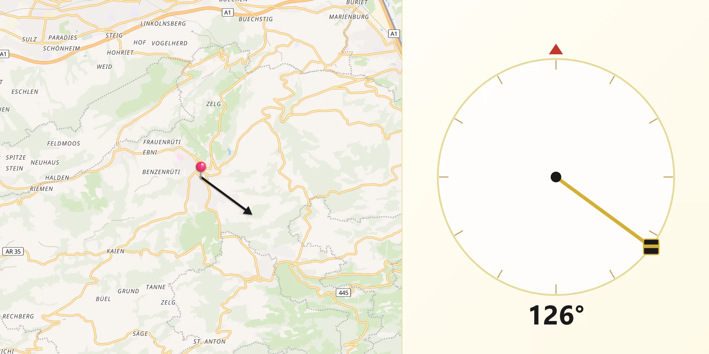 Direction vers la Qibla depuis Heiden