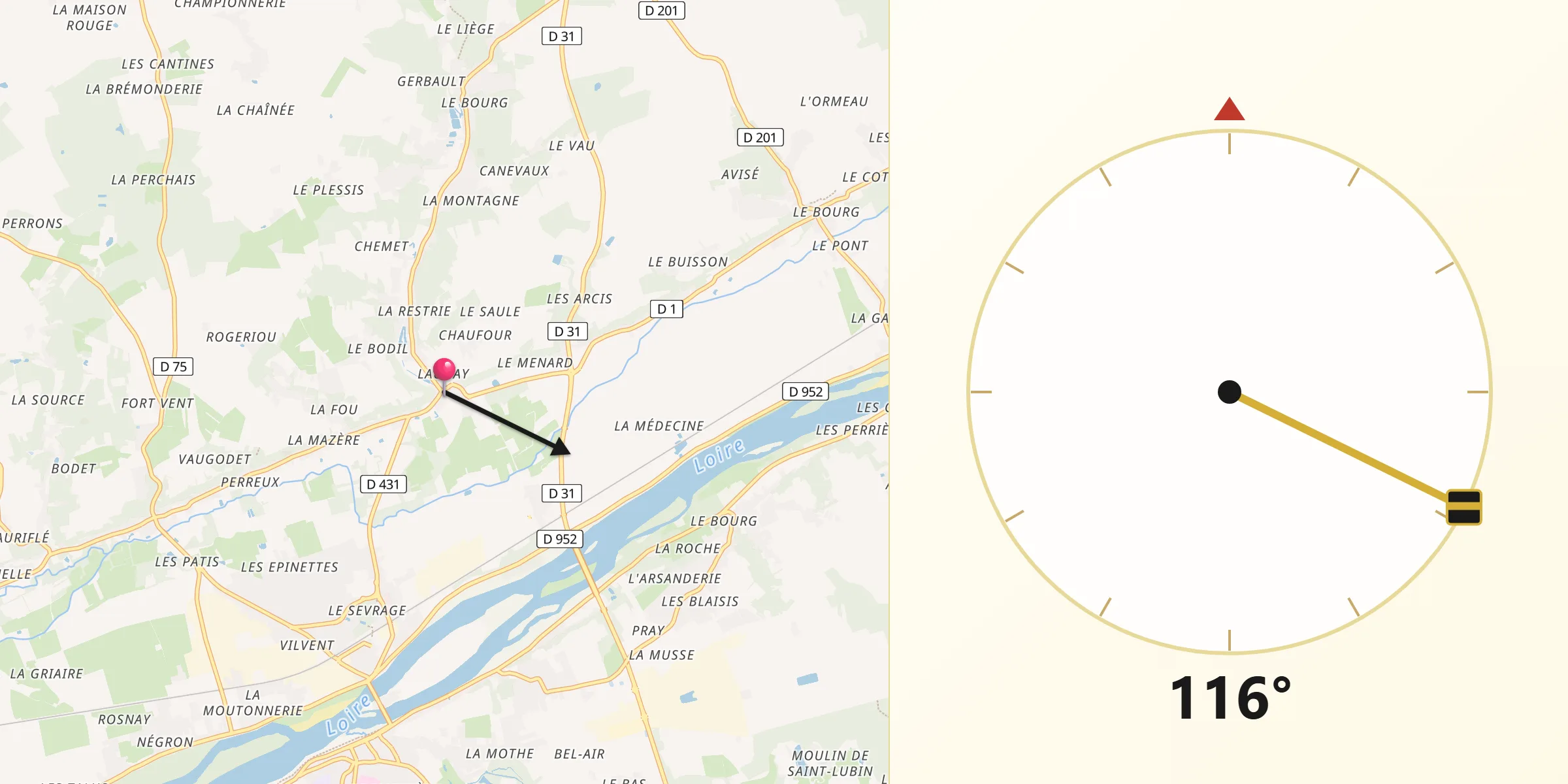 Direction vers la Qibla depuis Pocé-sur-Cisse