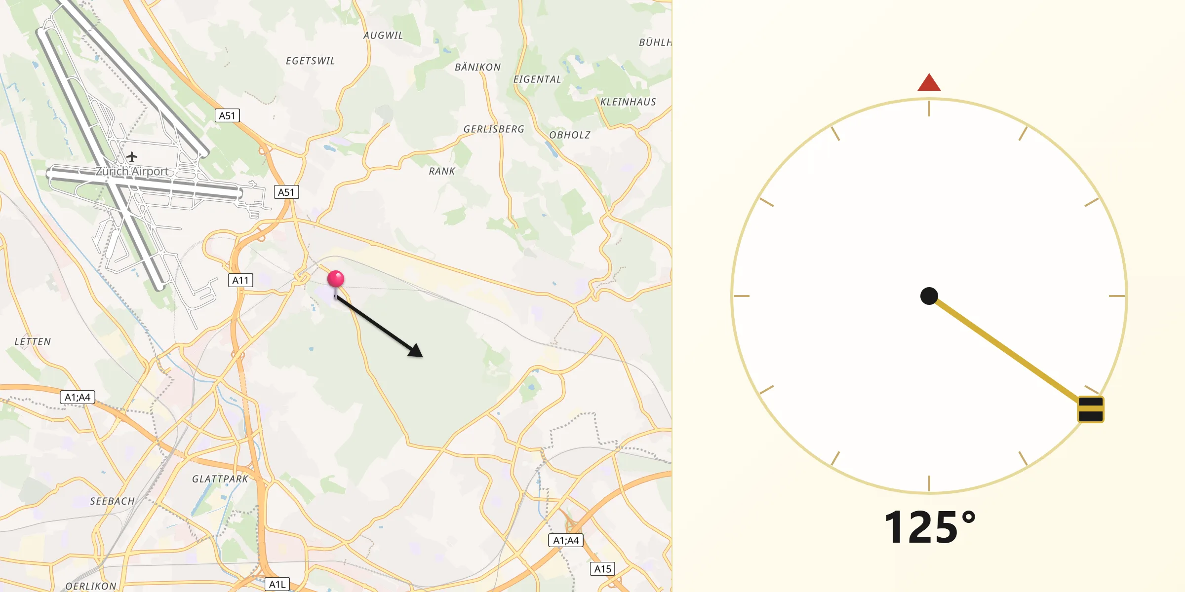 Direzione della Qibla da Kloten / Spitz