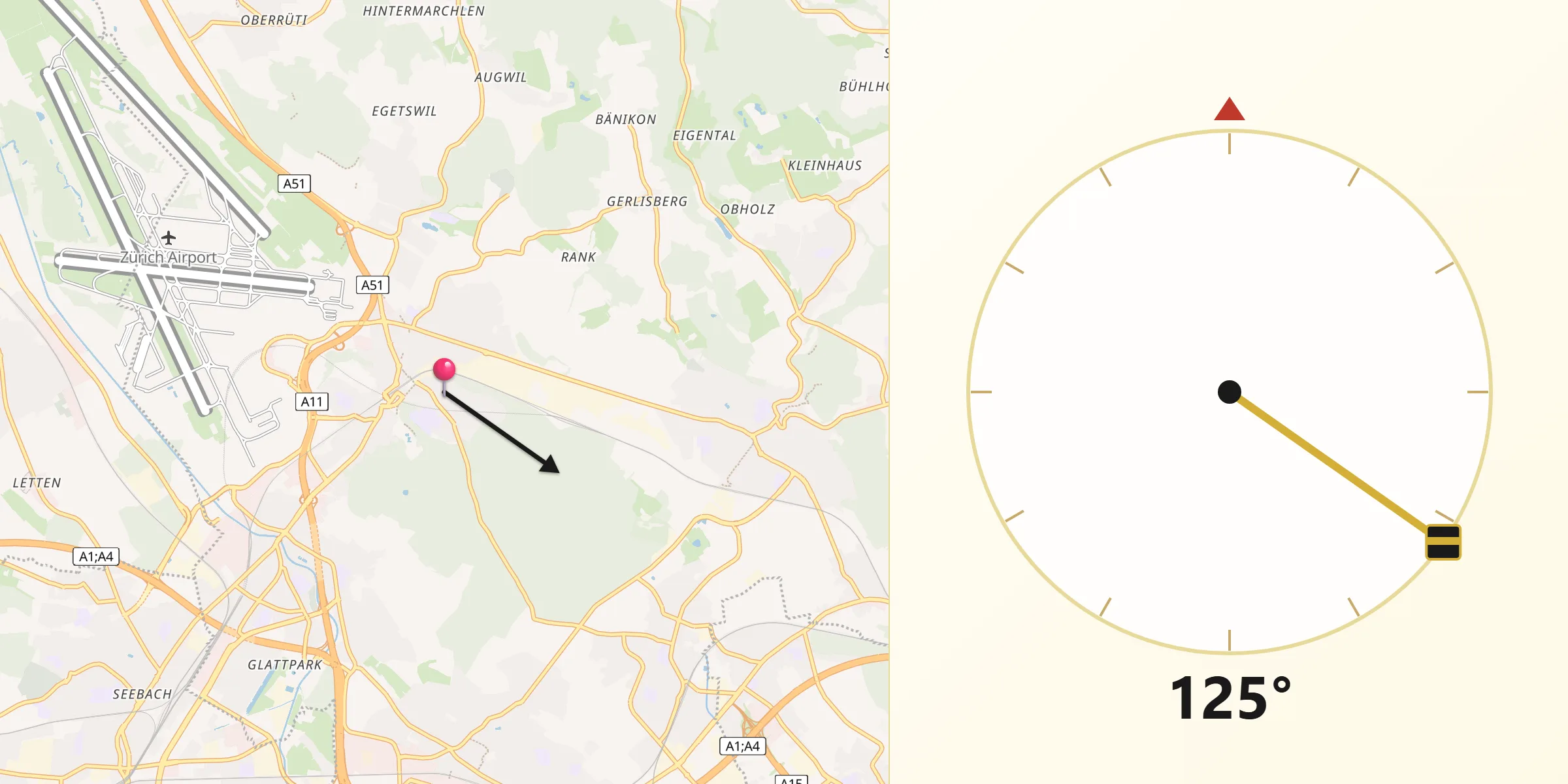 Qibla-Richtung von Kloten / Rütlen