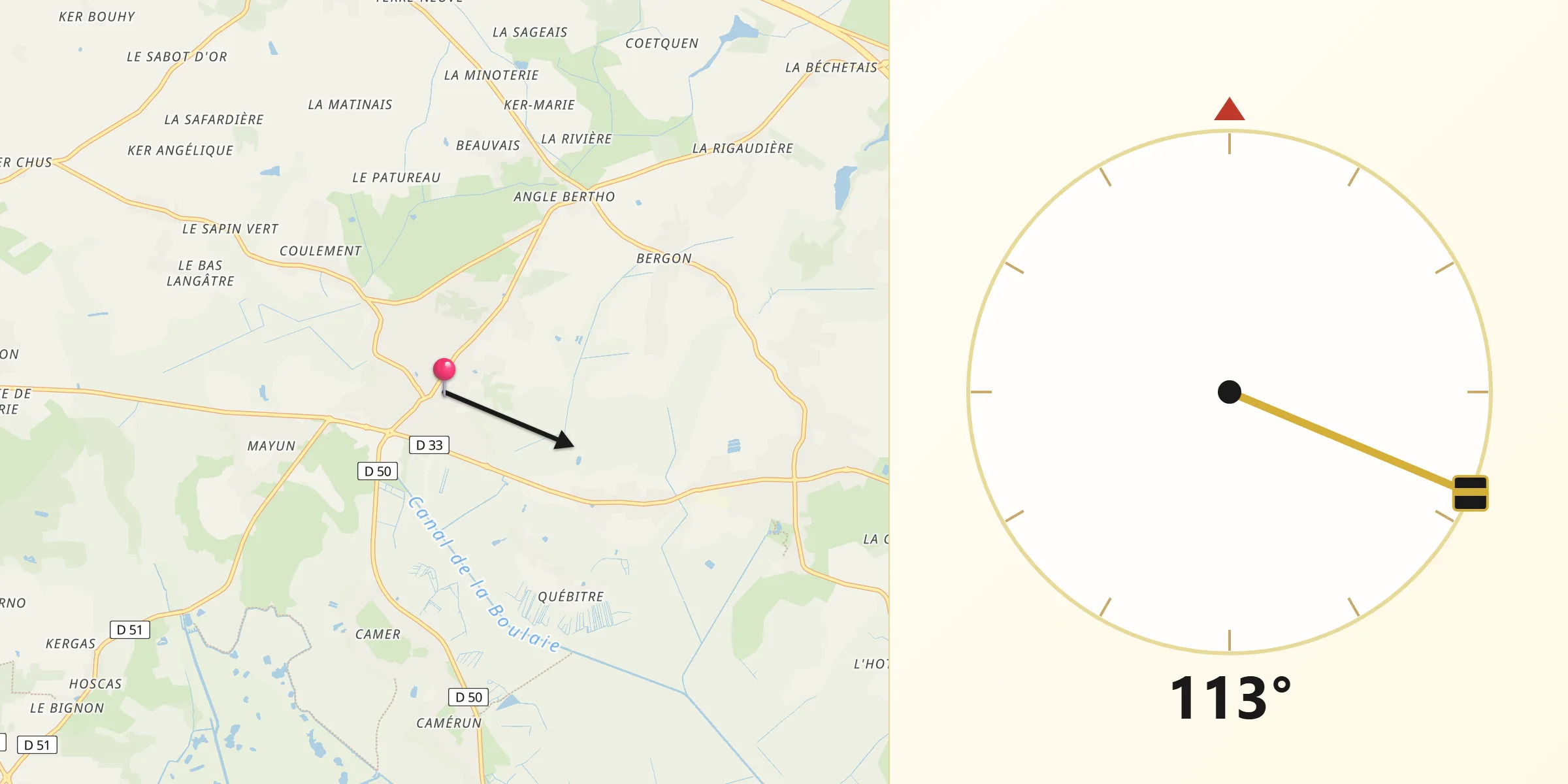 Direction vers la Qibla depuis La Chapelle-des-Marais