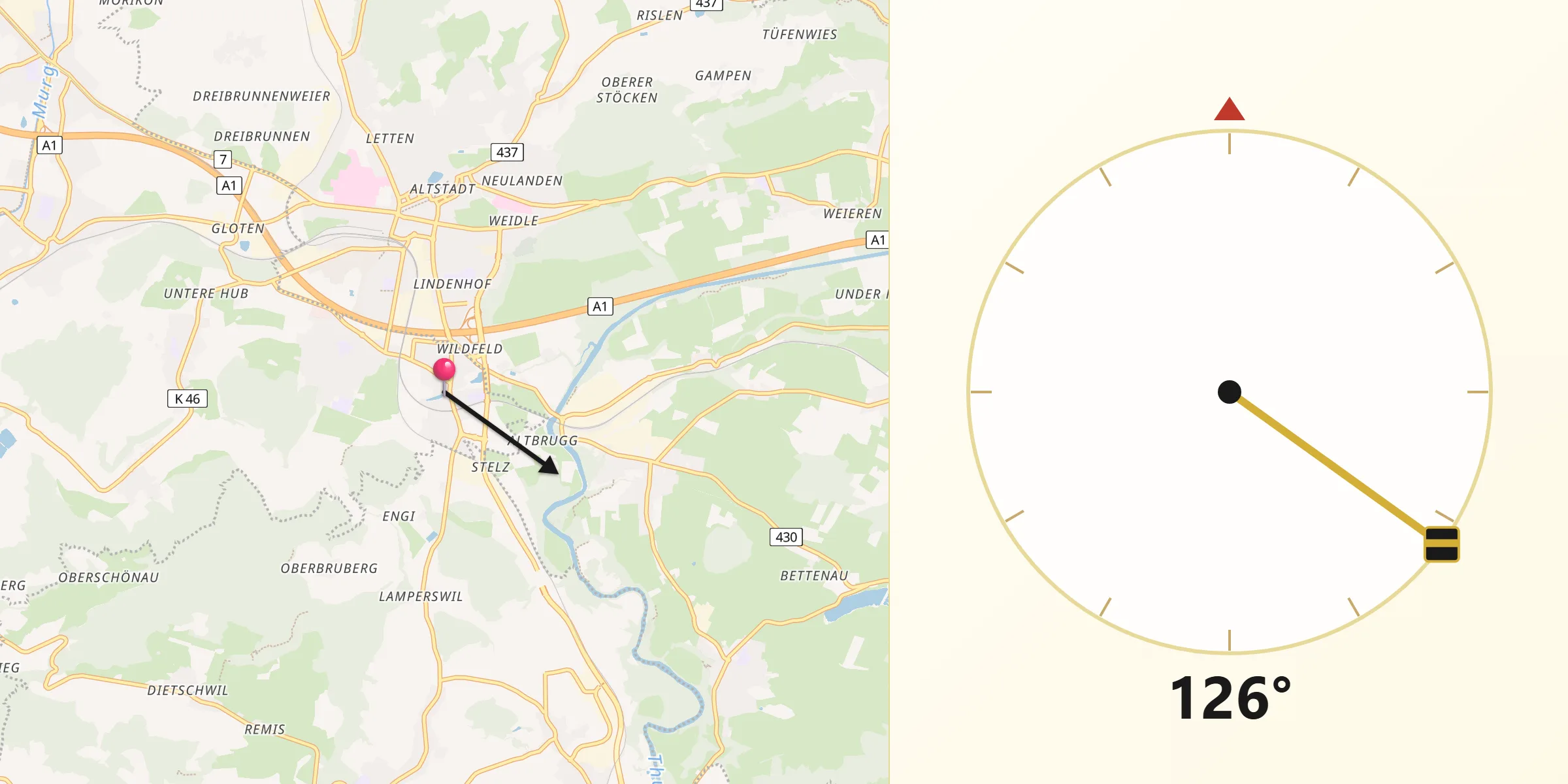Qibla-Richtung von Rickenbach bei Wil