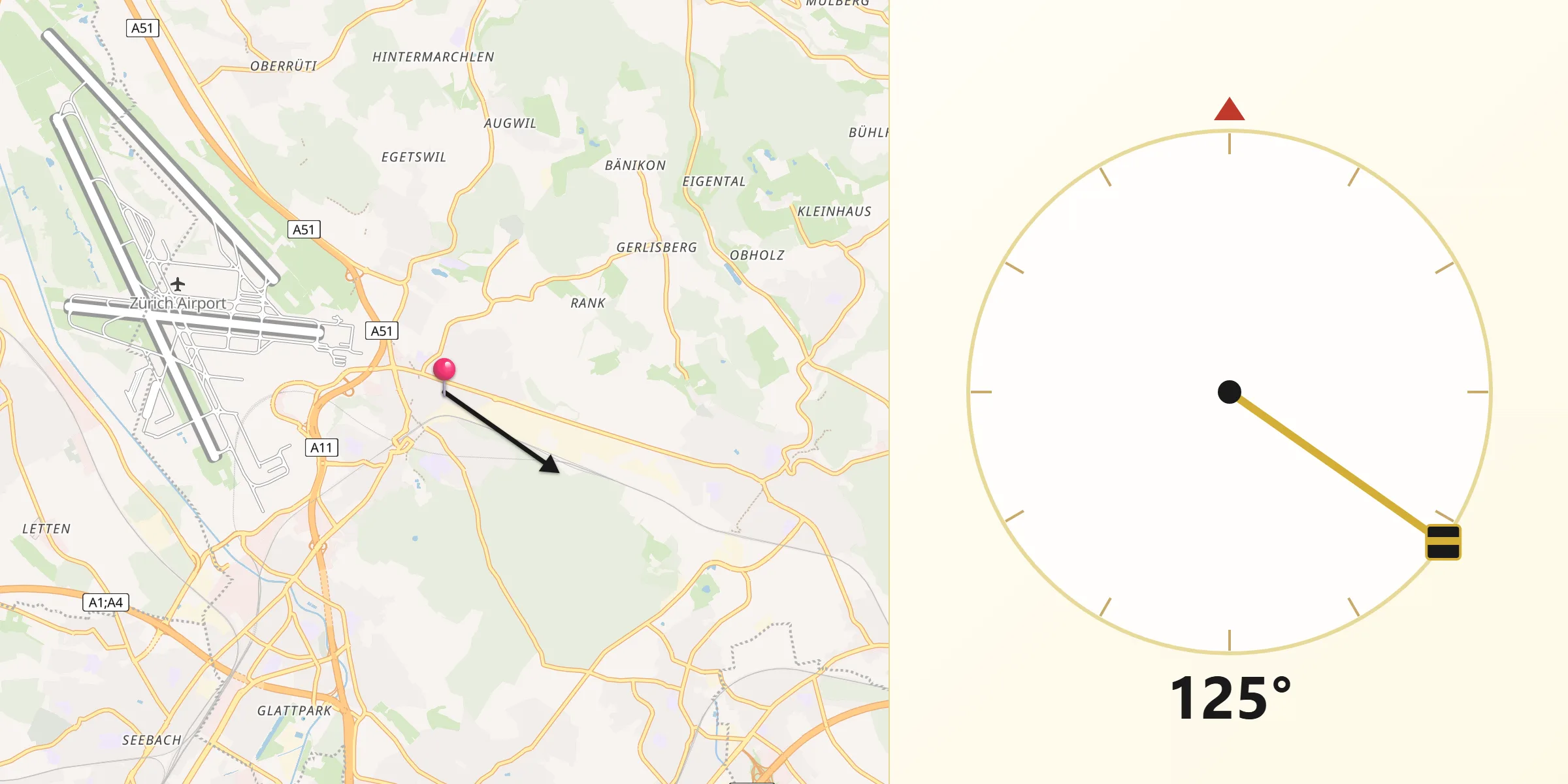 Qibla-Richtung von Kloten / Kloten (Zentrum)