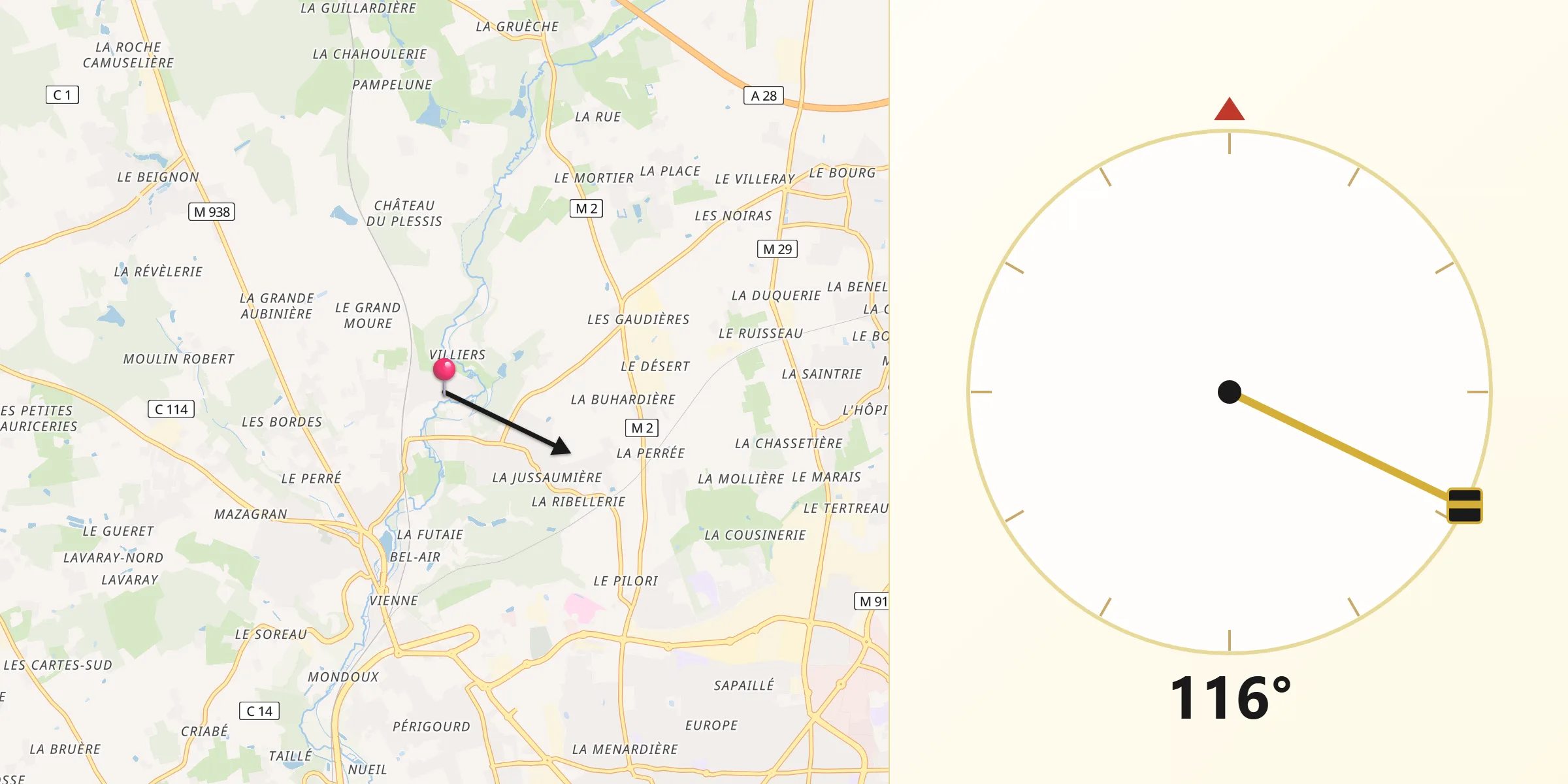 Direction vers la Qibla depuis Mettray