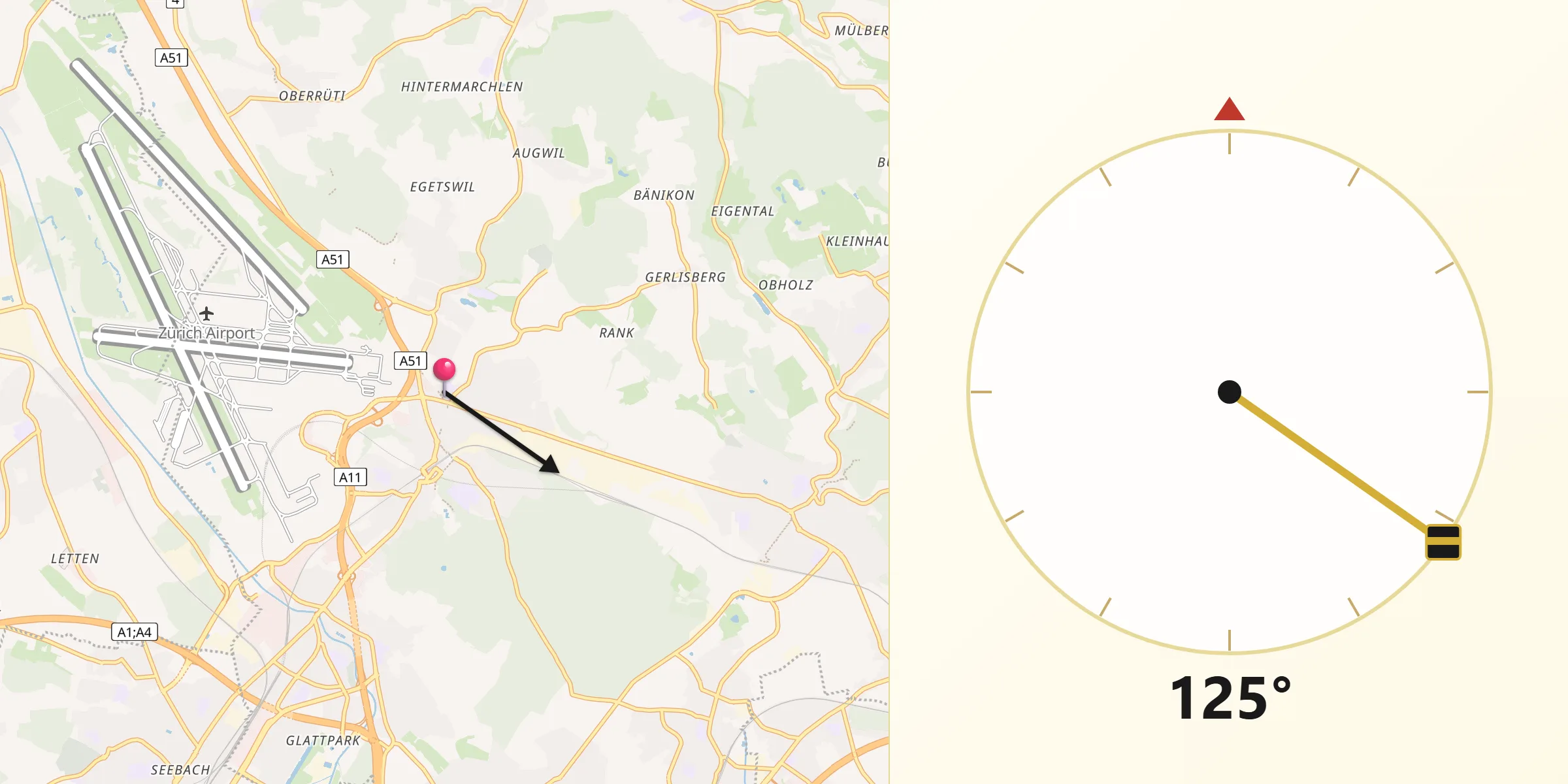 Direzione della Qibla da Kloten / Horainli