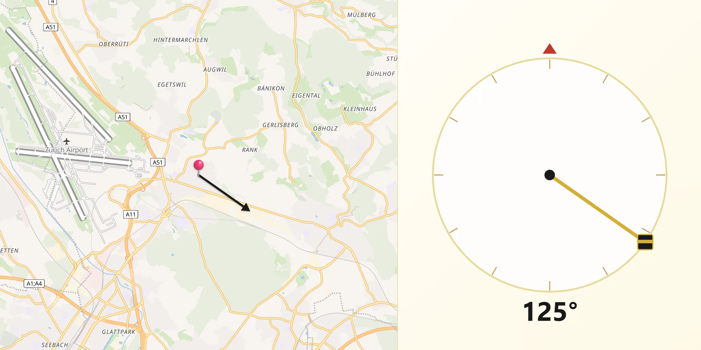 Direction vers la Qibla depuis Kloten / Geissberg