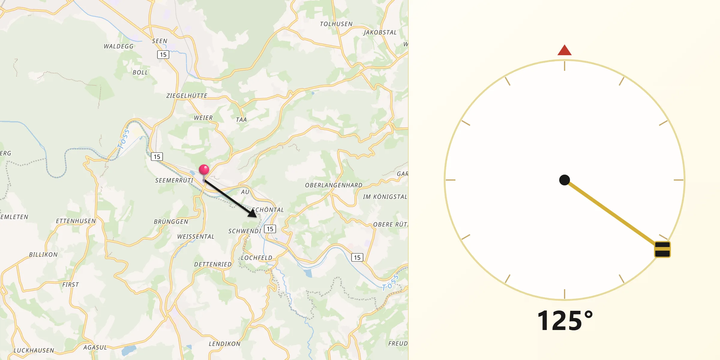 Qibla-Richtung von Kollbrunn / Kollbrunn (Dorfkern)