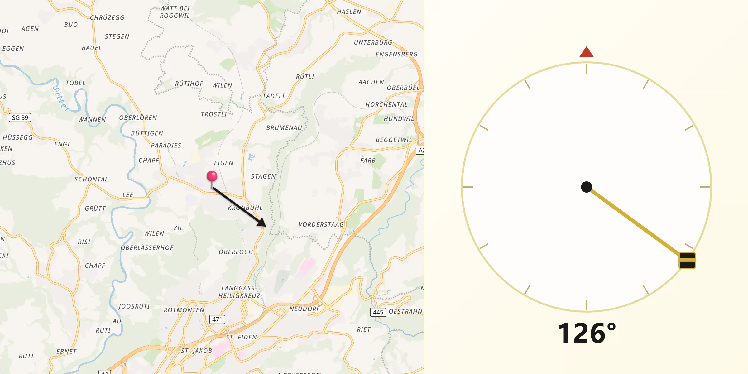 Direction vers la Qibla depuis Wittenbach