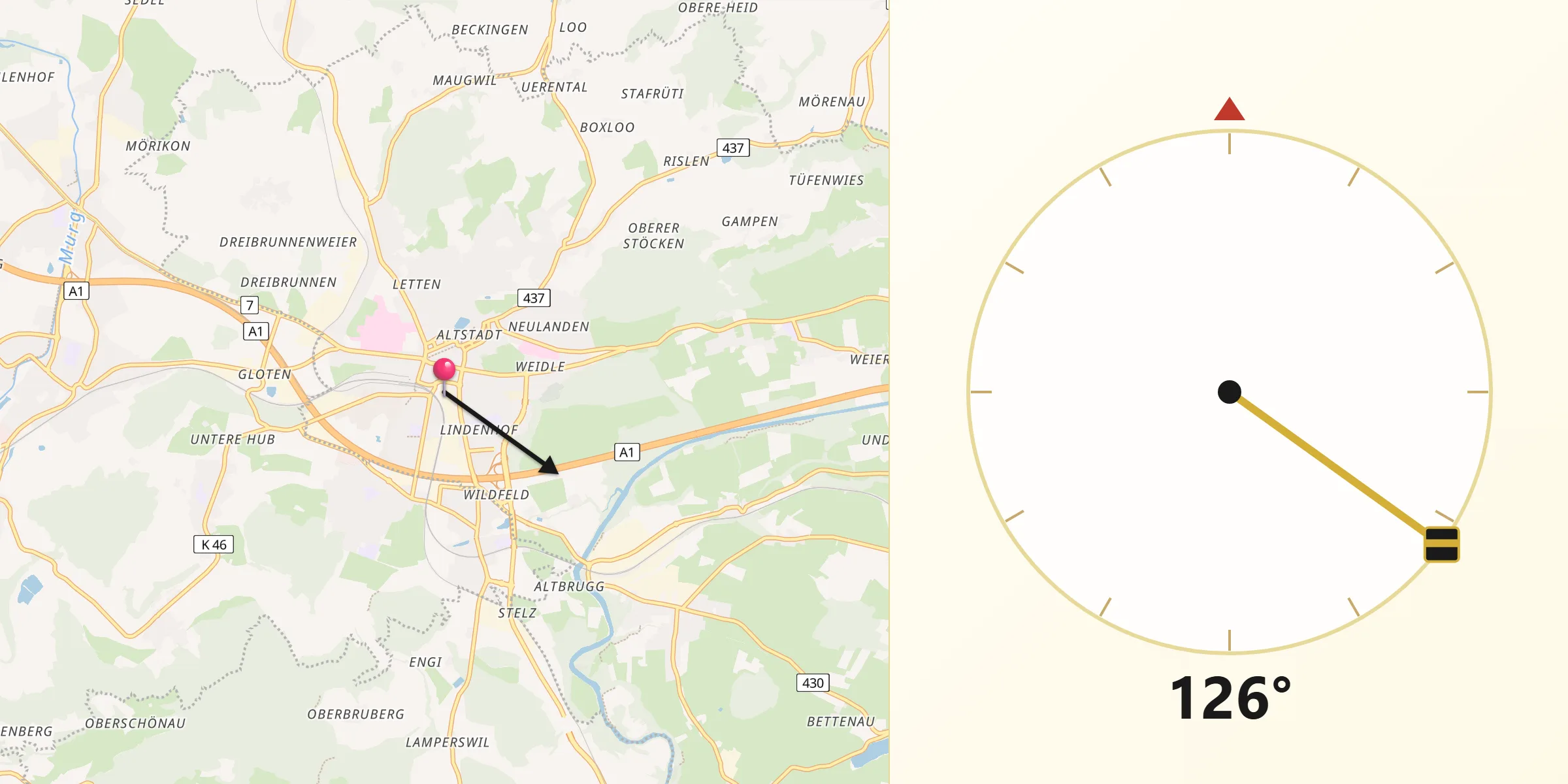 Direction vers la Qibla depuis Wil