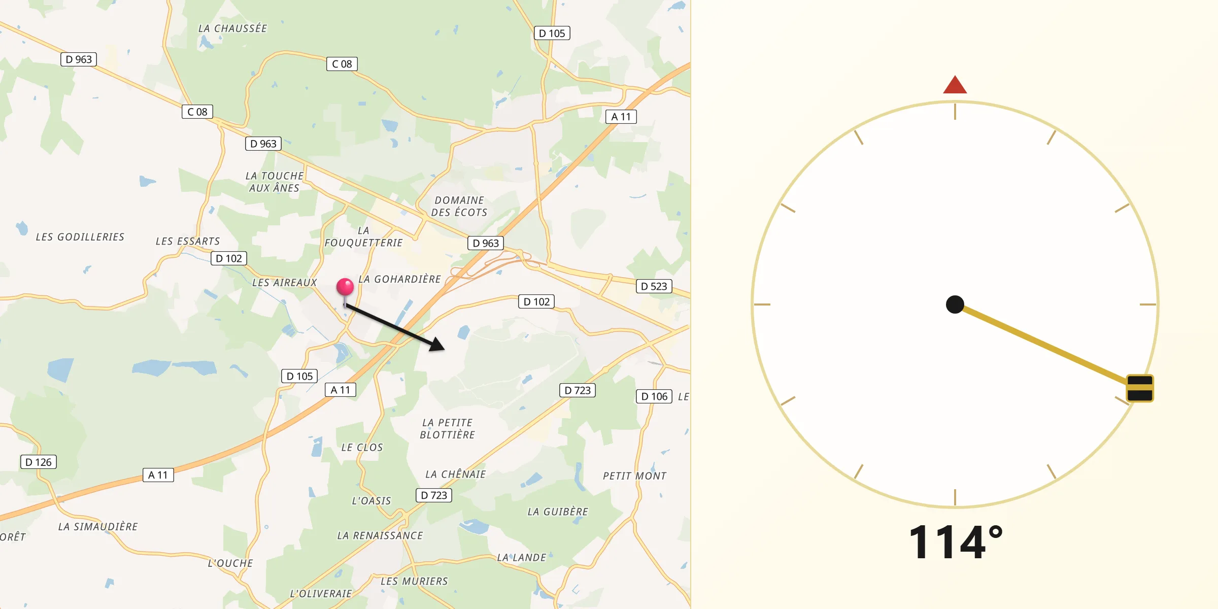 Direction vers la Qibla depuis Saint-Léger-des-Bois