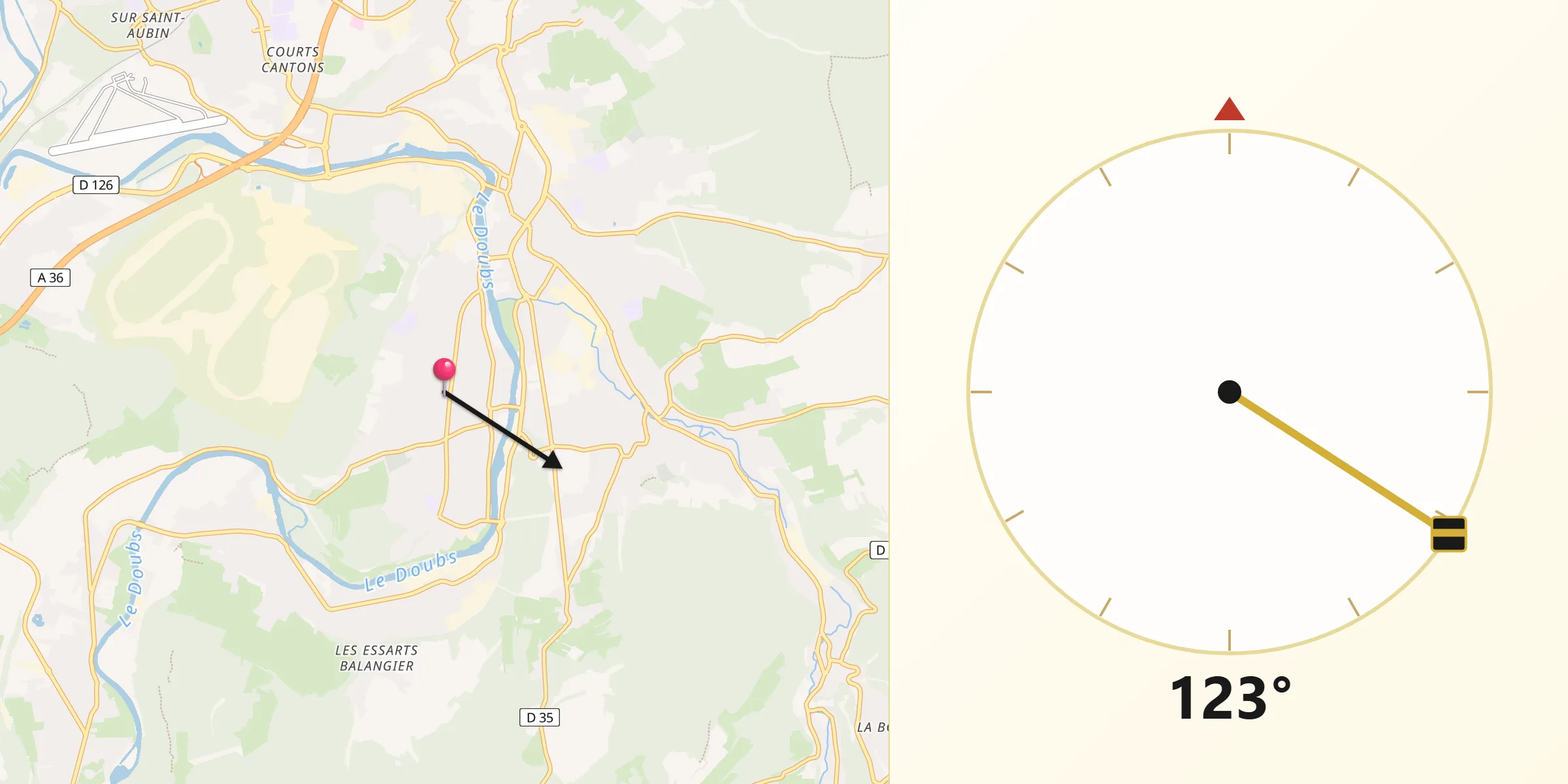Direction vers la Qibla depuis Valentigney