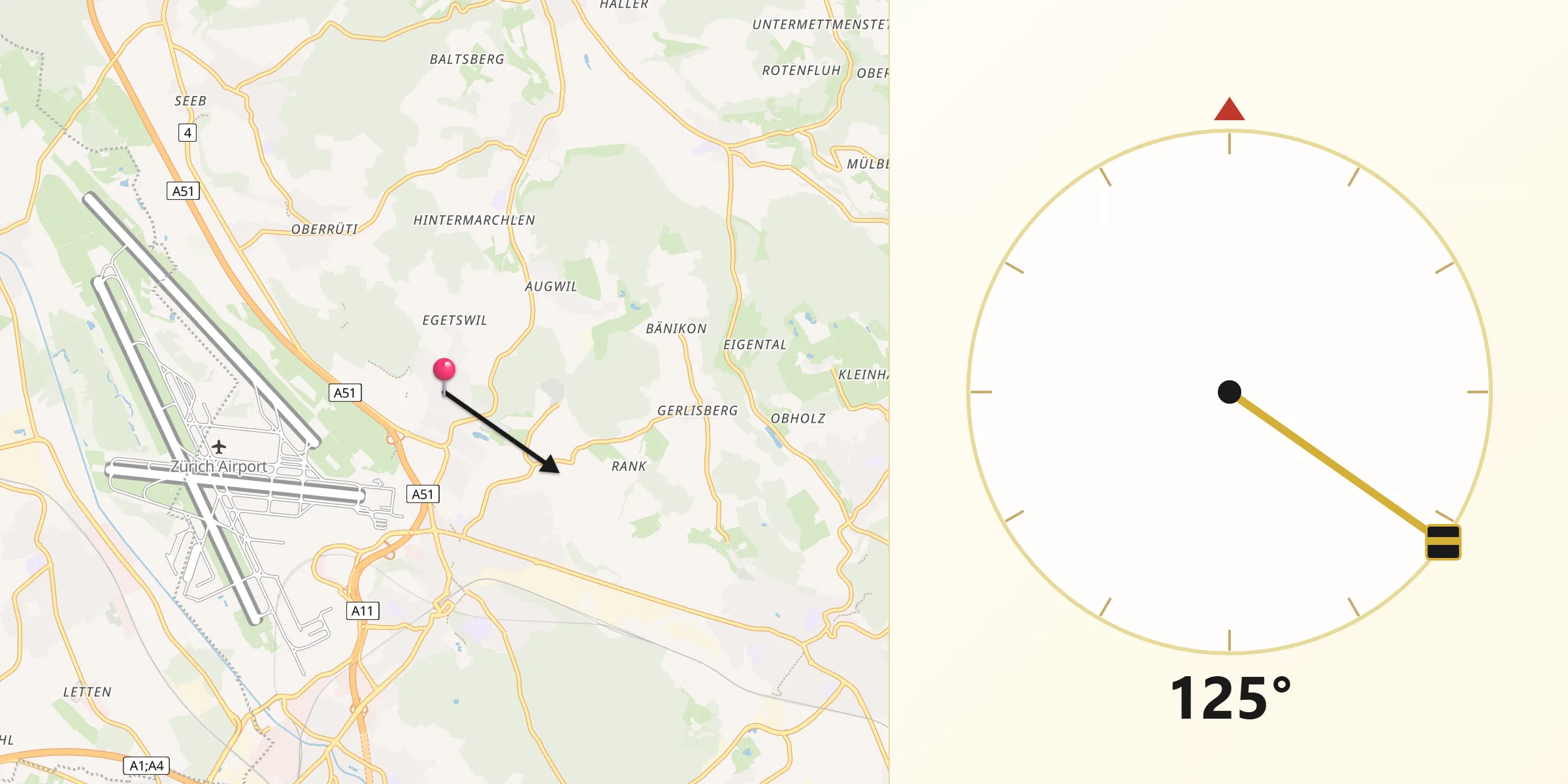 Qibla-Richtung von Kloten / Freienberg (Chanzler-Chlini Chaseren)