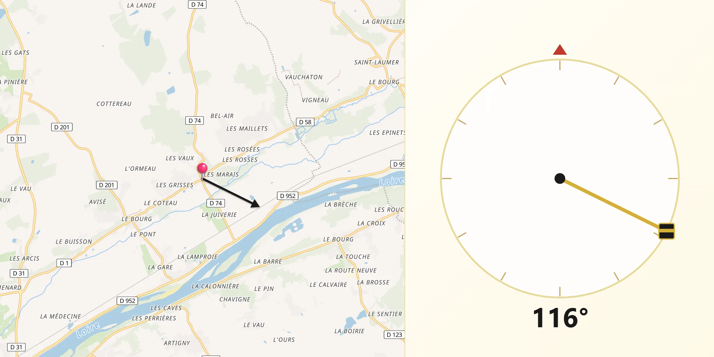 Direction vers la Qibla depuis Cangey