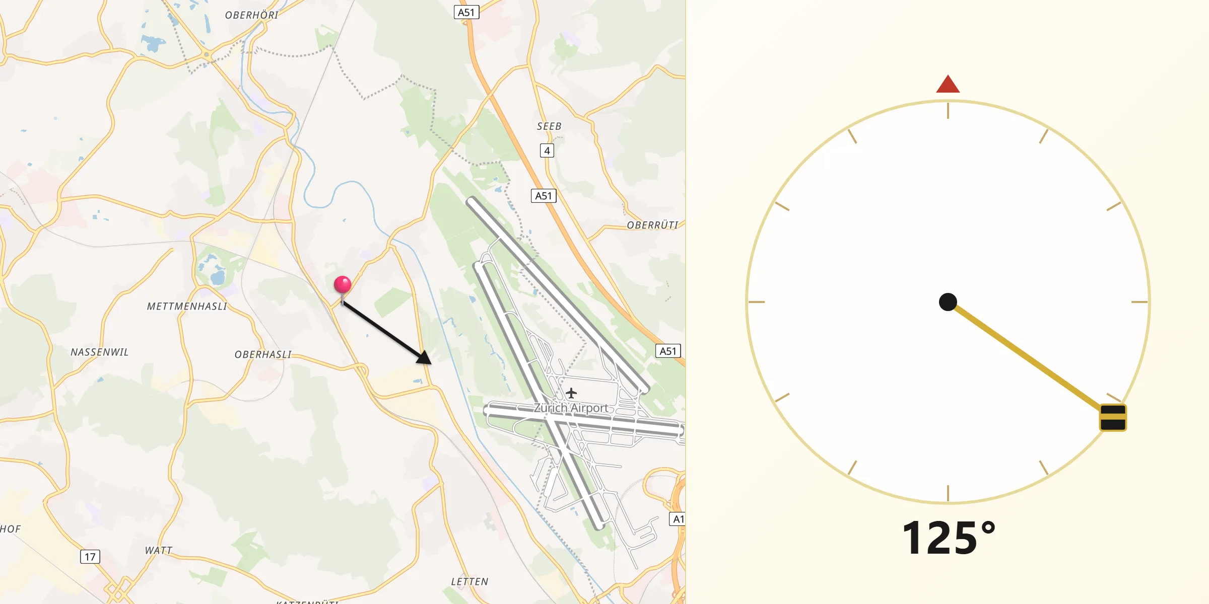 Direzione della Qibla da Oberglatt / Bahnhofquartier