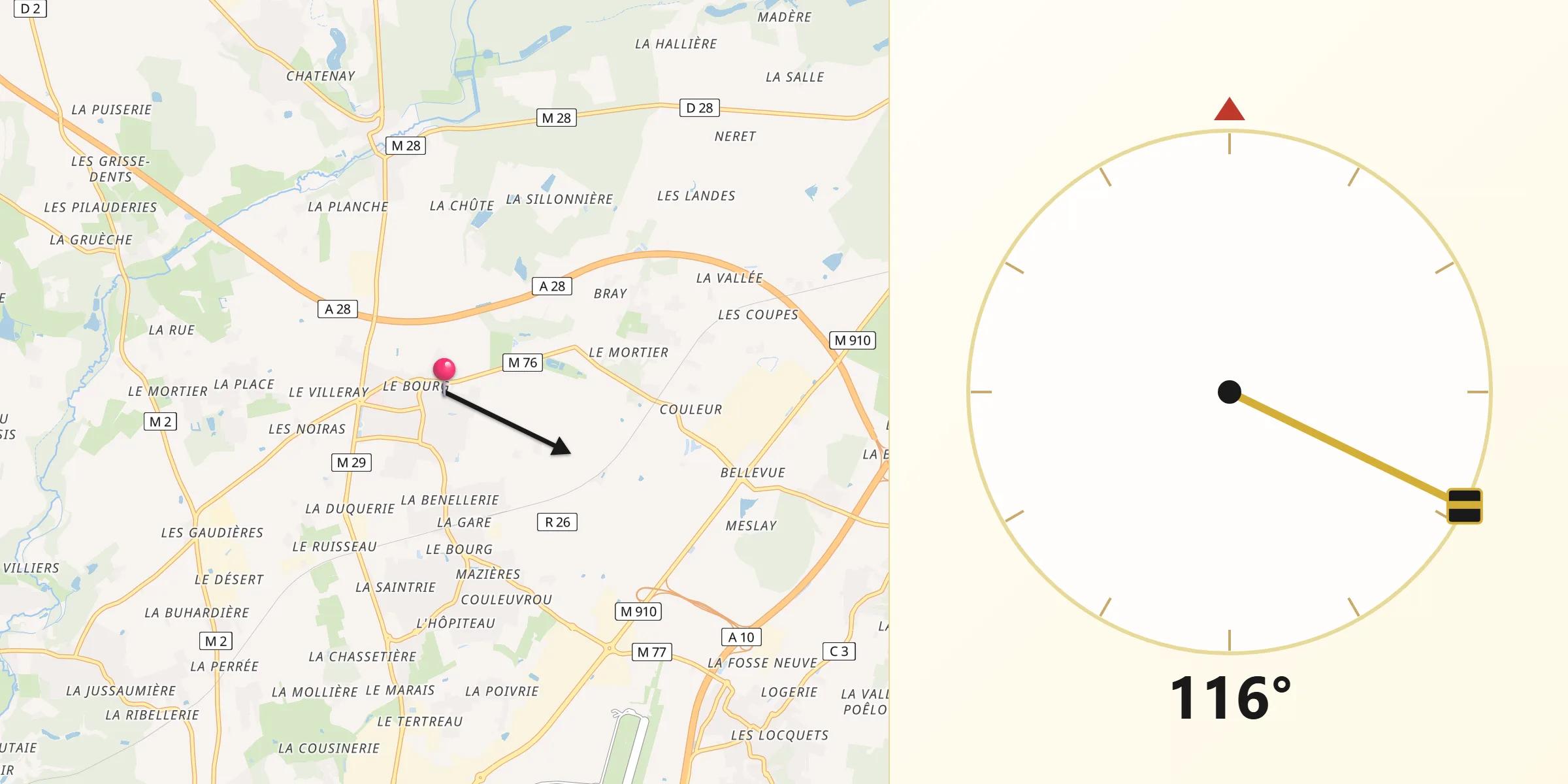 Direction vers la Qibla depuis Chanceaux-sur-Choisille
