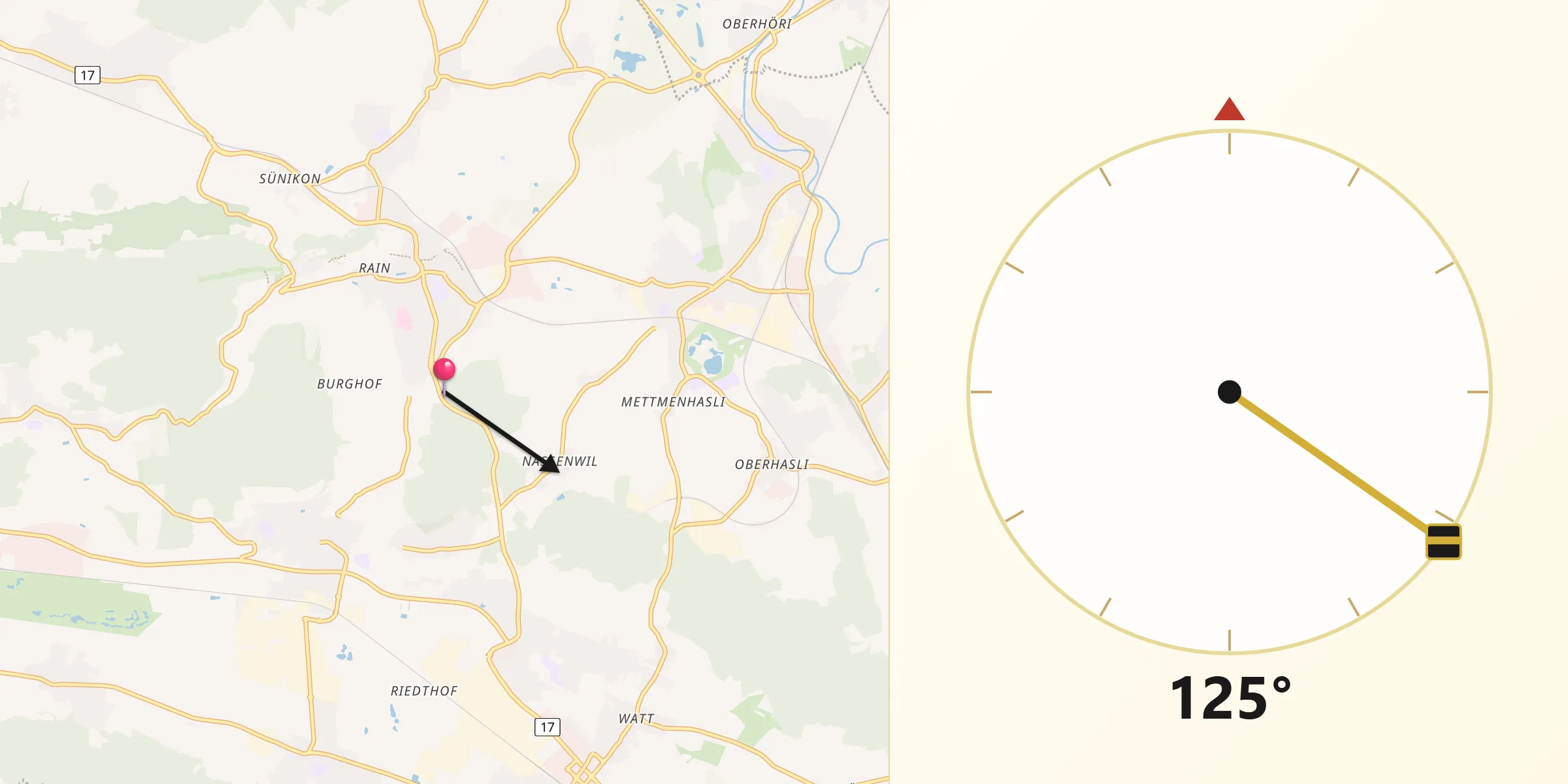Qibla-Richtung von Bezirk Dielsdorf