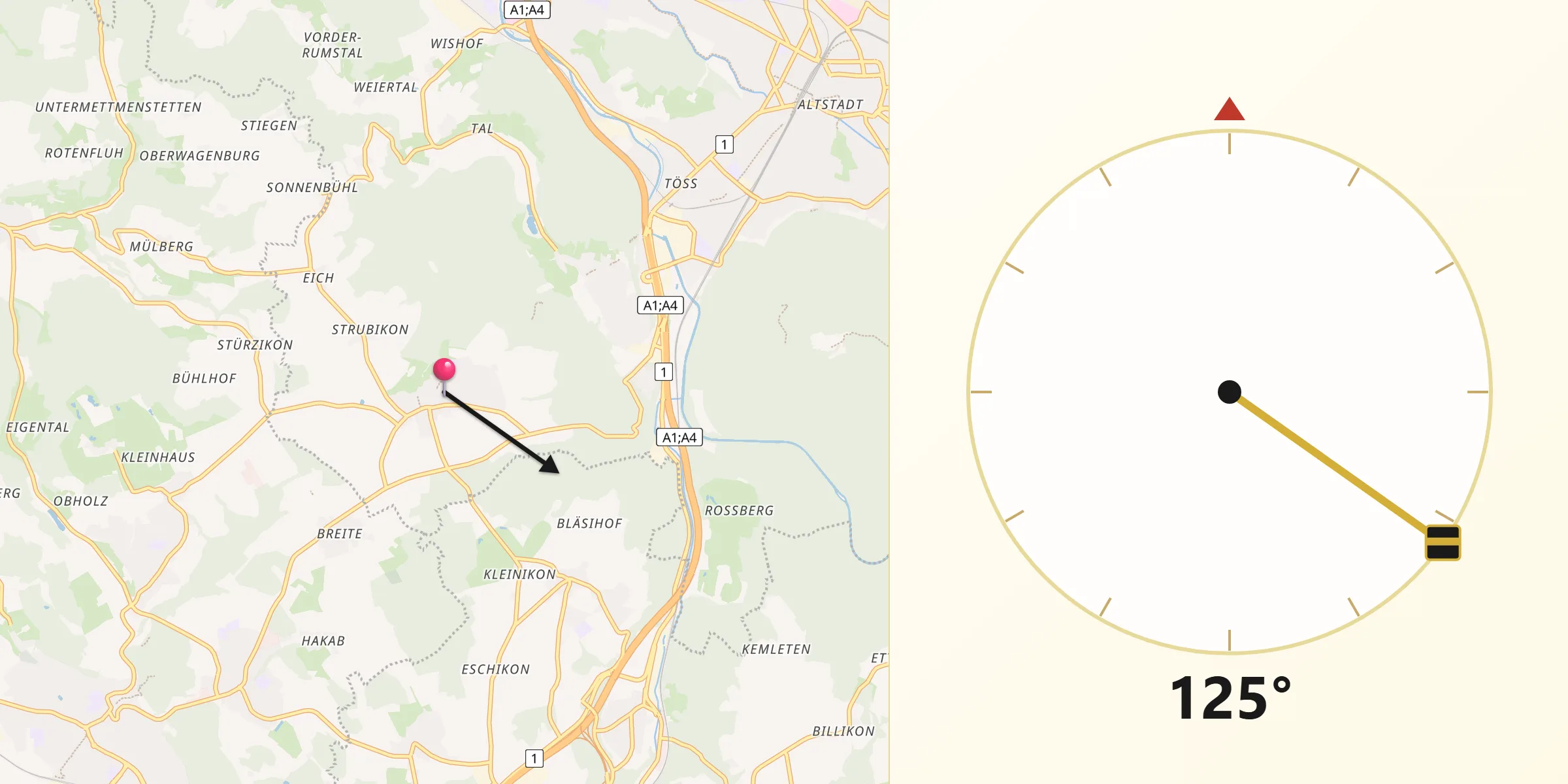 Direction vers la Qibla depuis Brütten