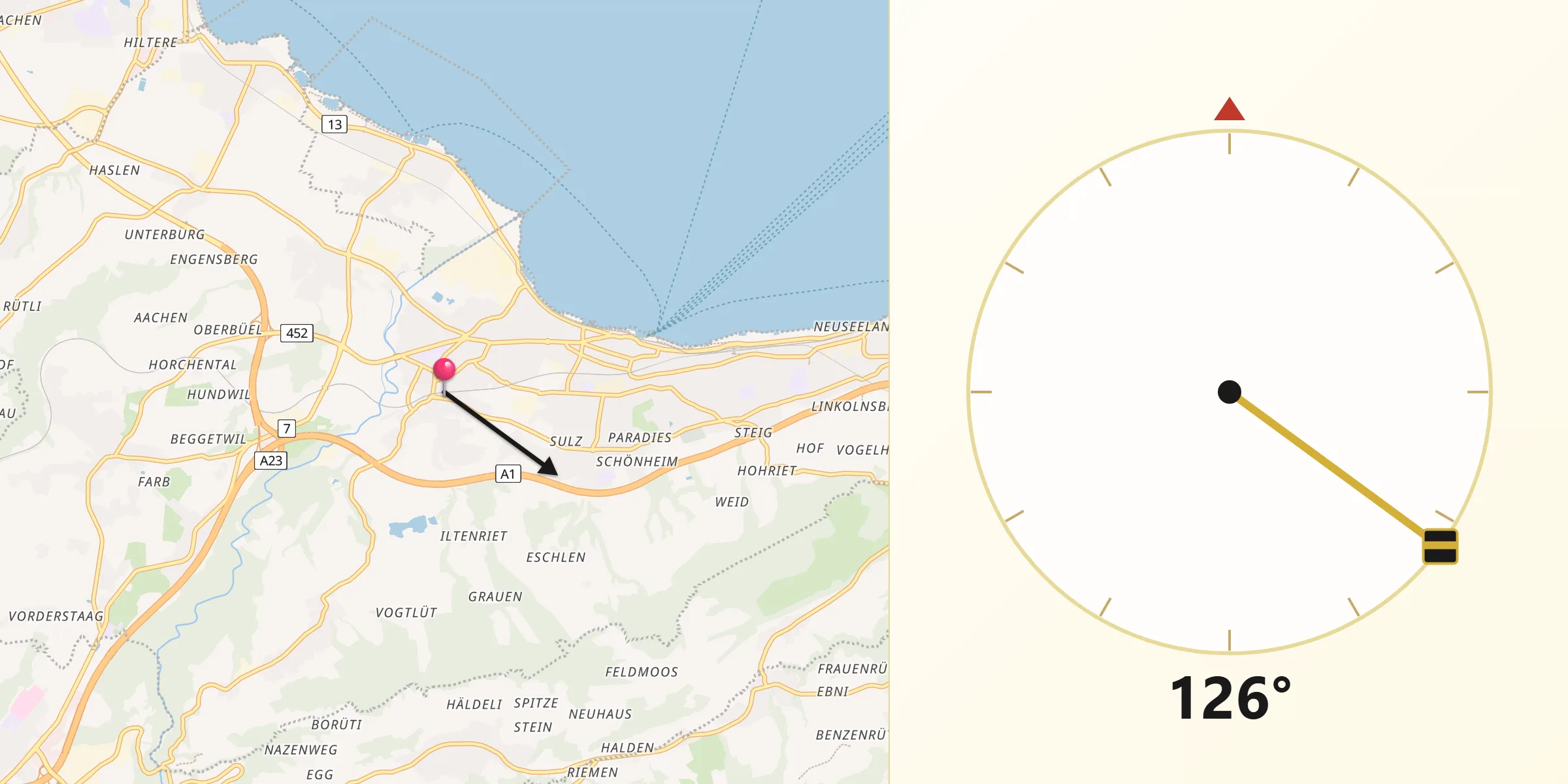 Direction vers la Qibla depuis Goldach