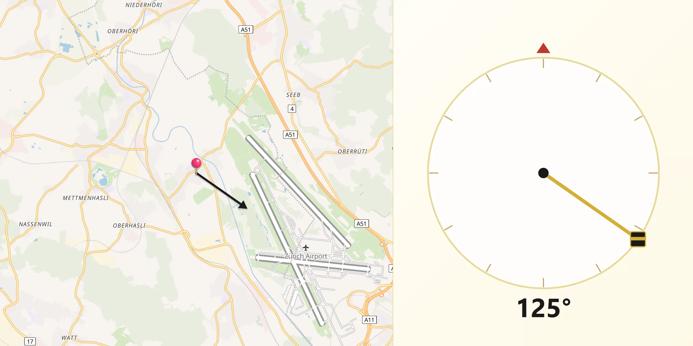 Qibla-Richtung von Oberglatt / Oberglatt (Dorfkern)