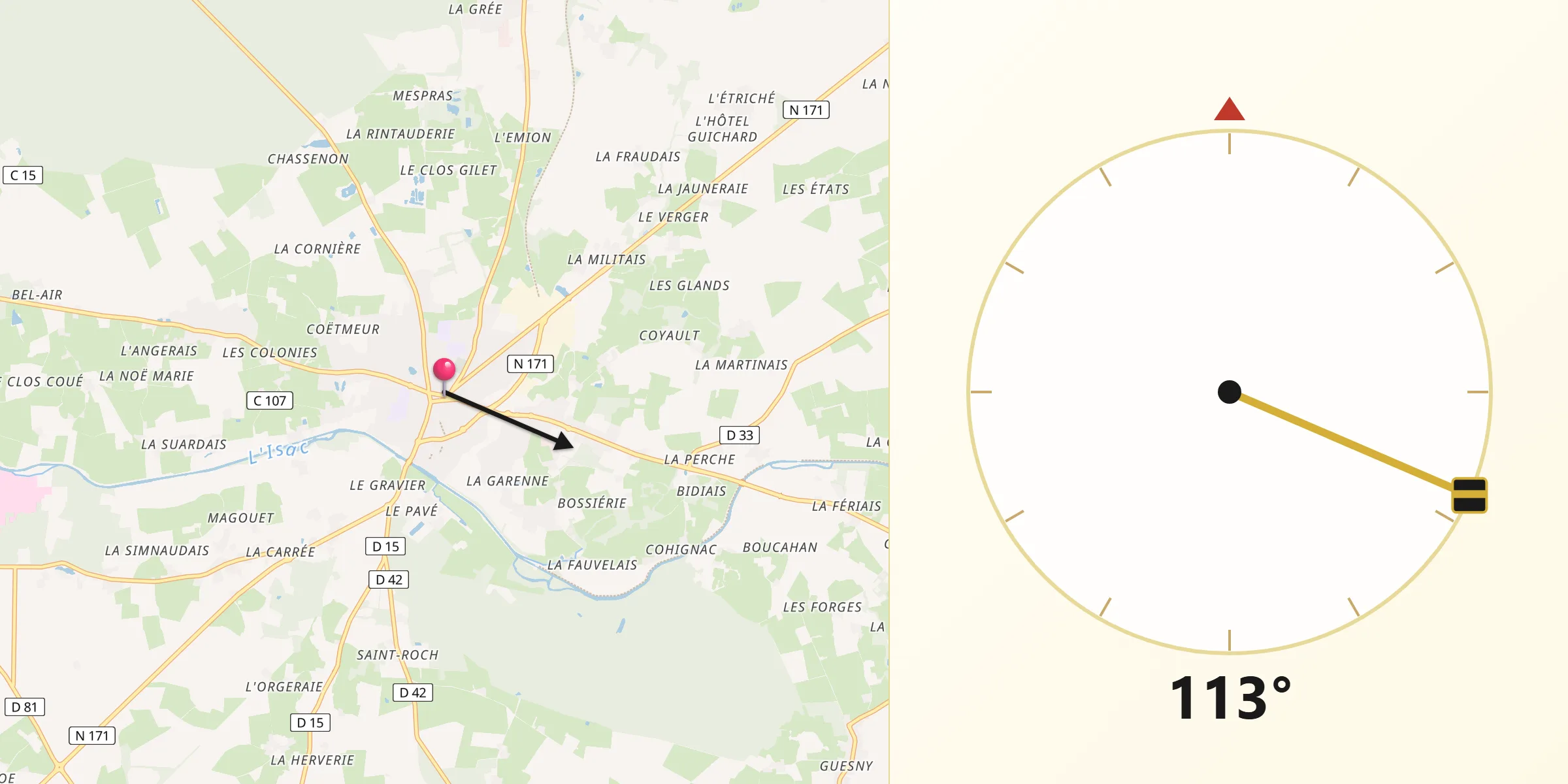 Direction vers la Qibla depuis Blain