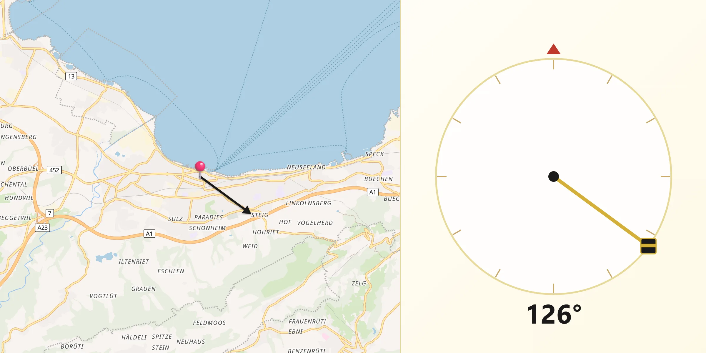Direction vers la Qibla depuis Rorschach