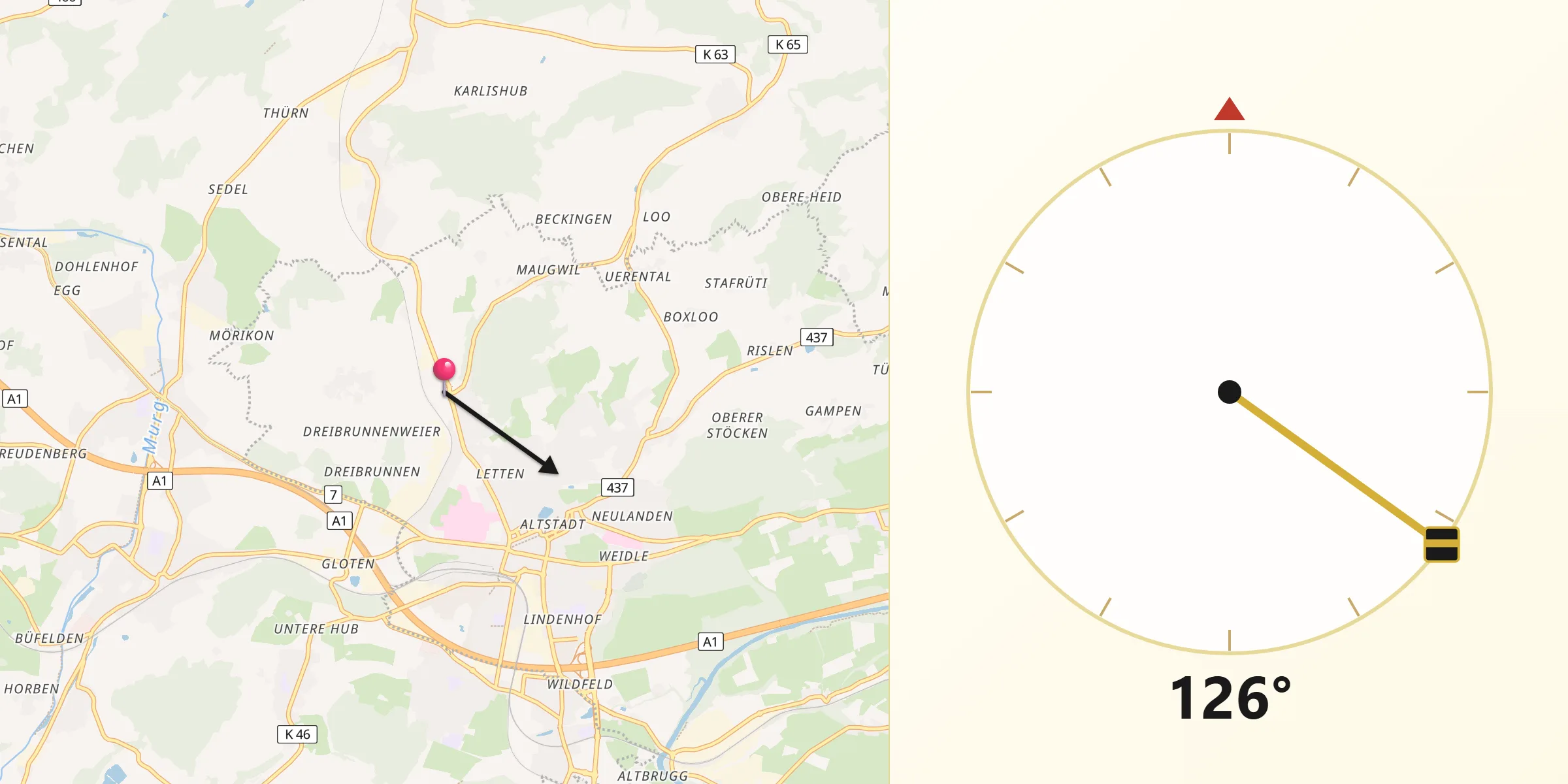 Direction vers la Qibla depuis Bronschhofen