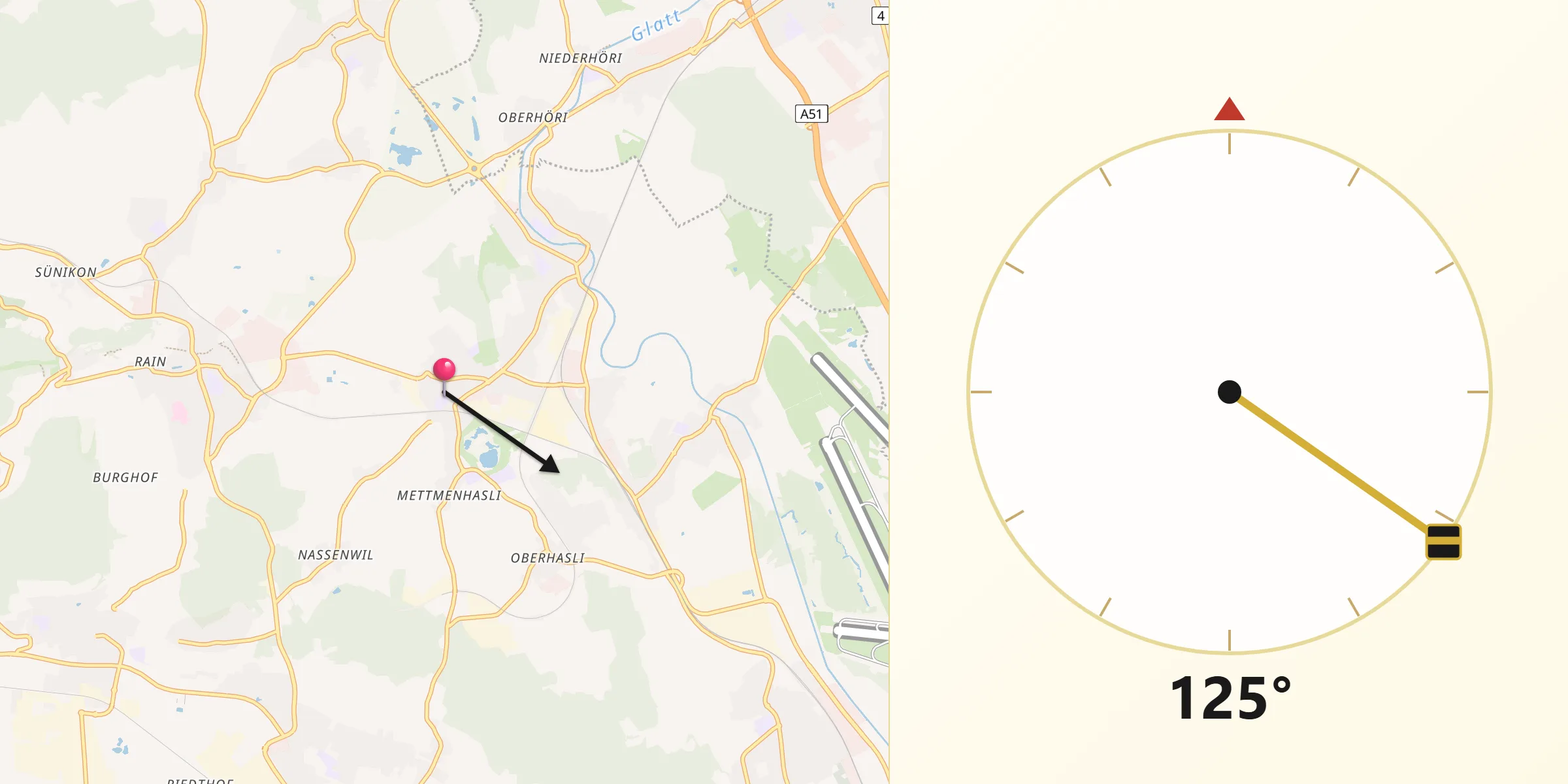 Direction vers la Qibla depuis Niederhasli