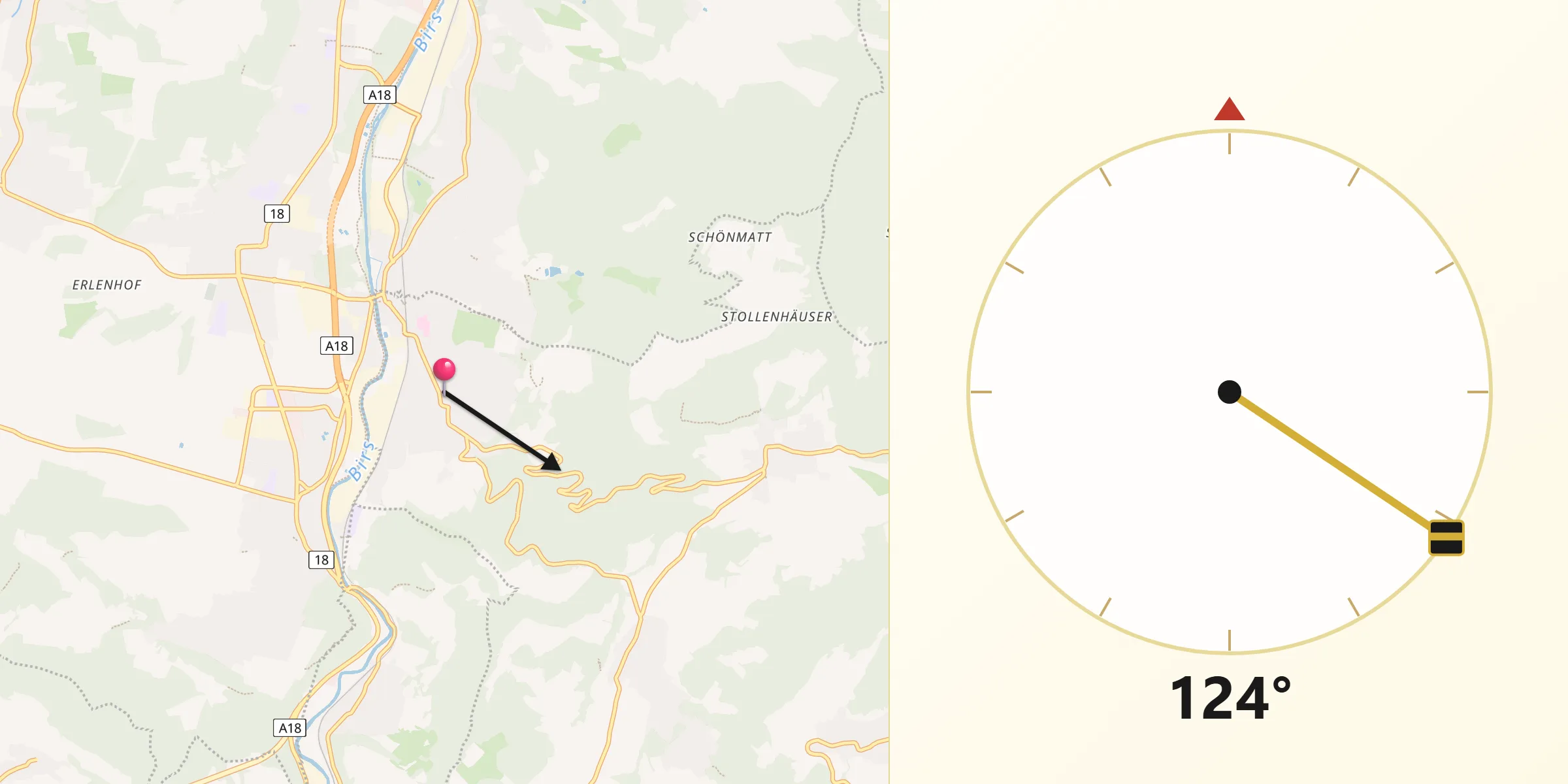 Direction vers la Qibla depuis Dornach