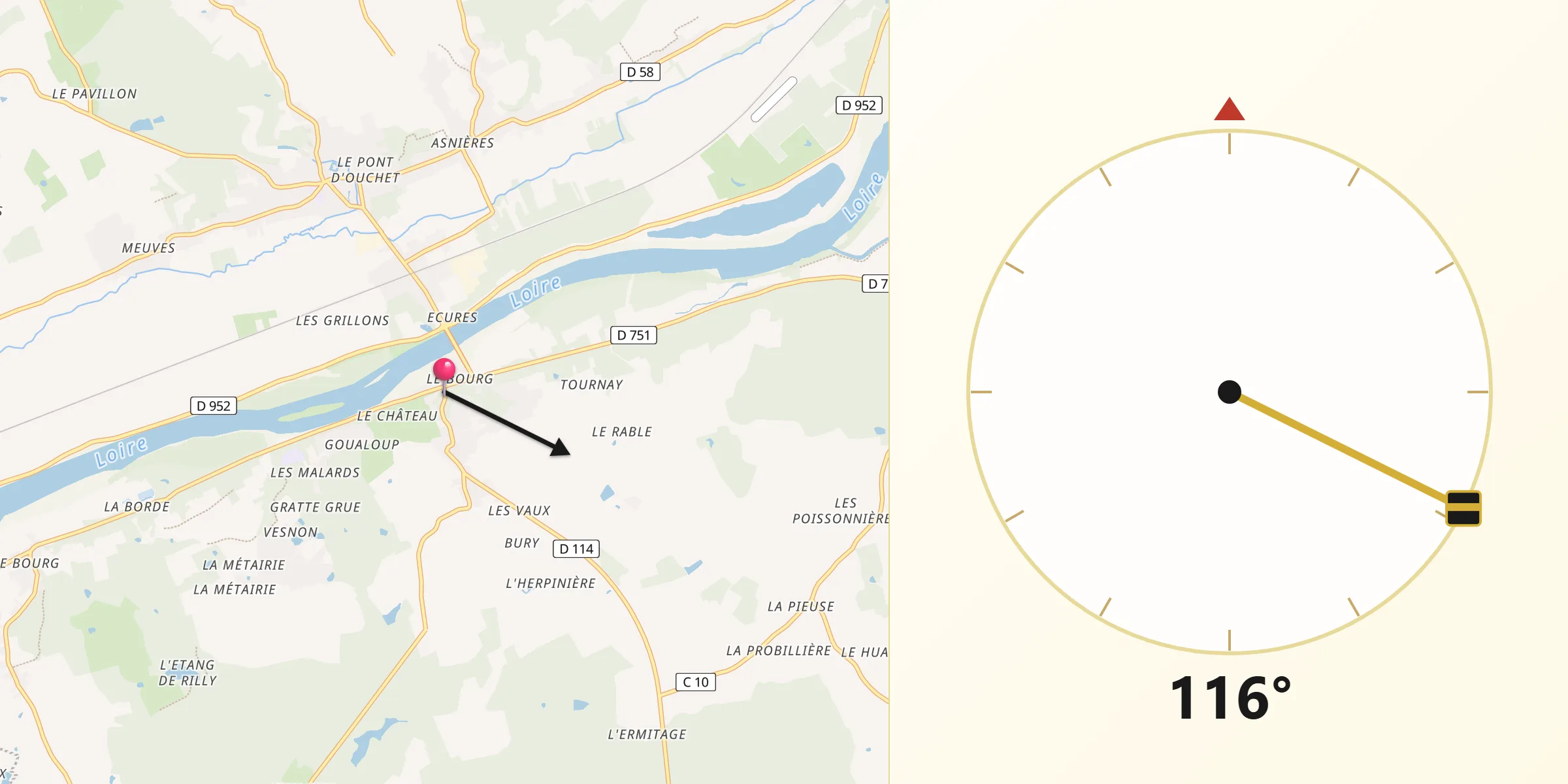Direction vers la Qibla depuis Chaumont-sur-Loire