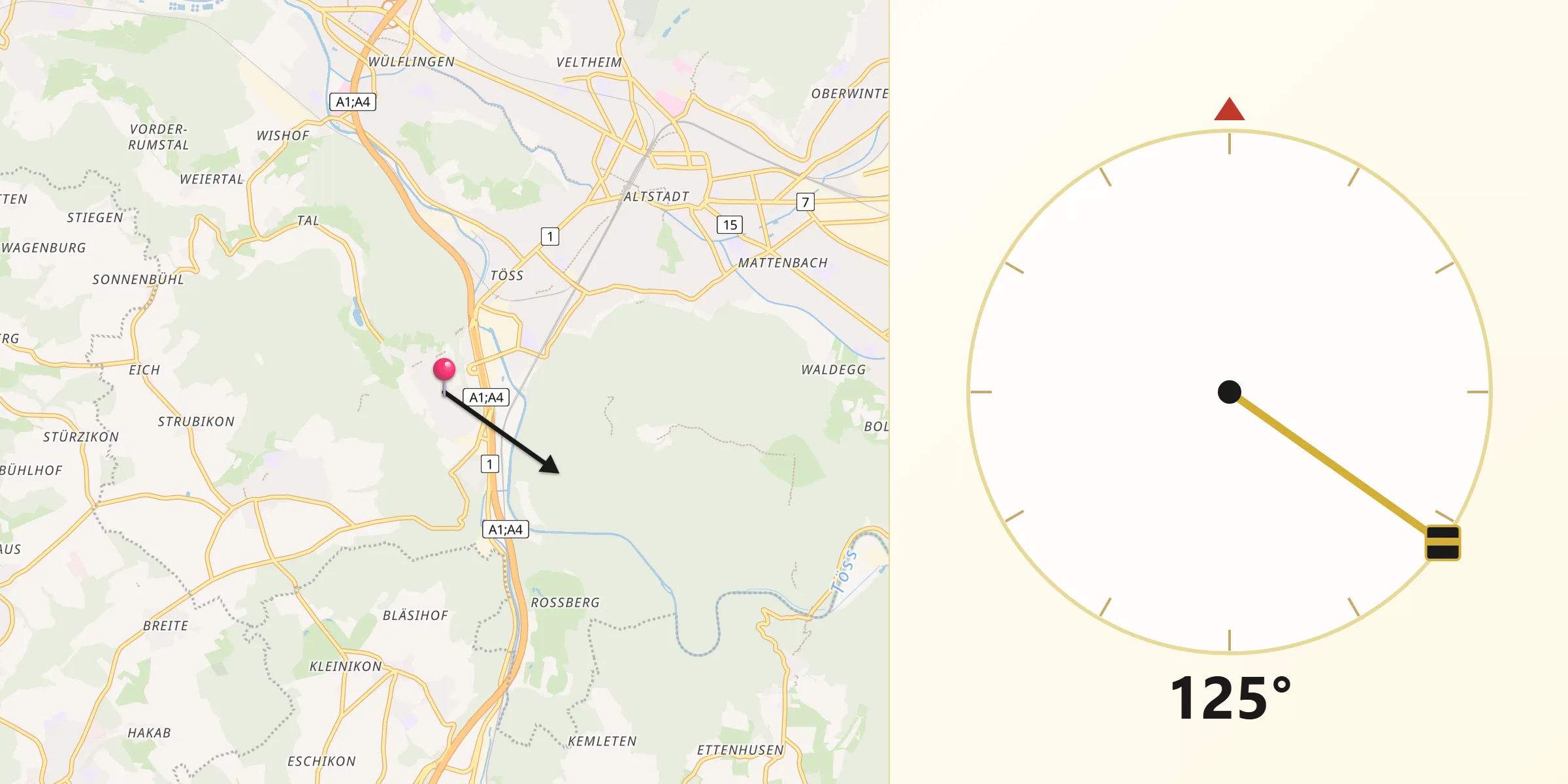 Qibla-Richtung von Töss (Kreis 4) / Vorder-Dättnau