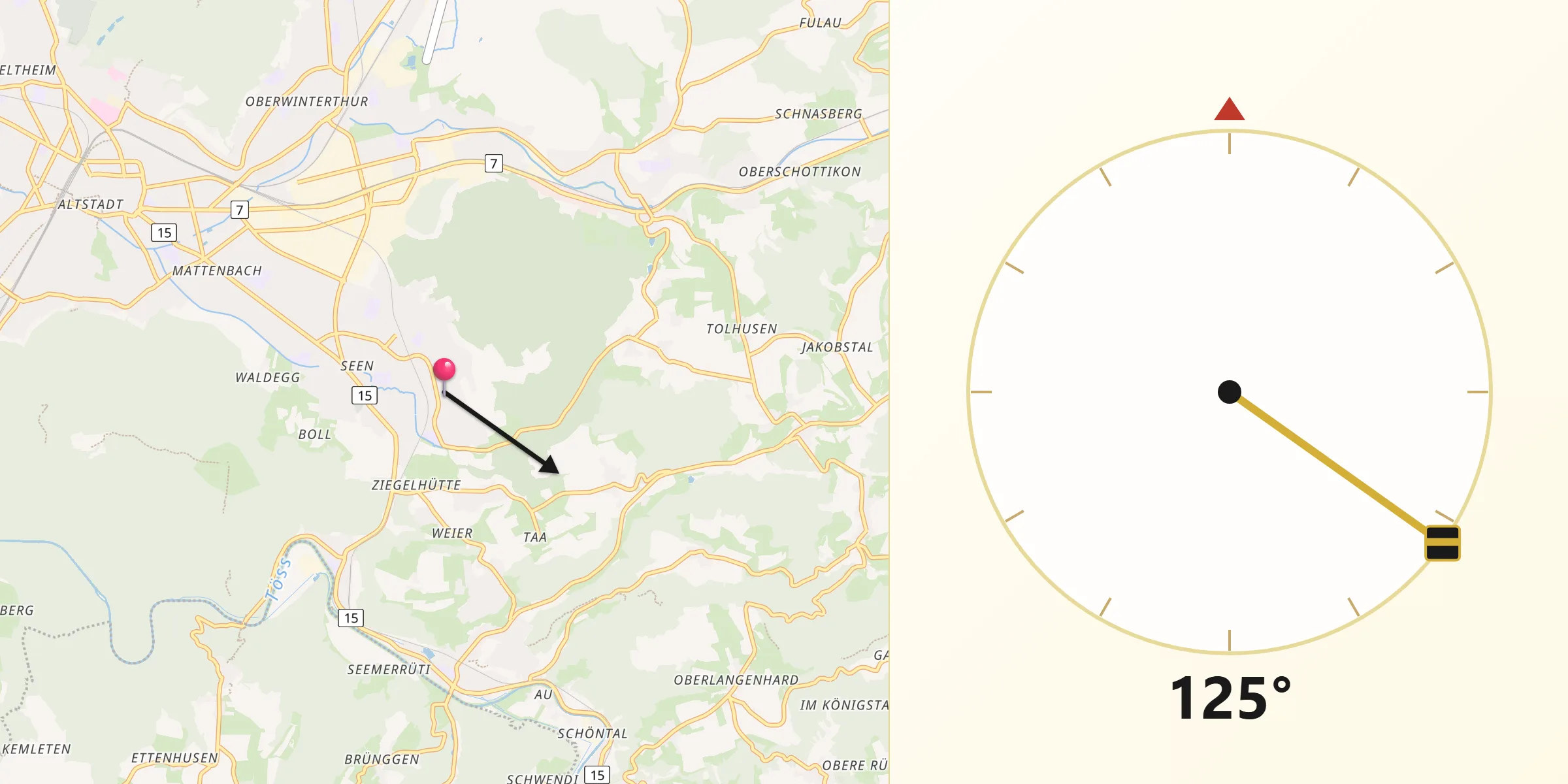 Direzione della Qibla da Seen (Kreis 3) / Oberseen