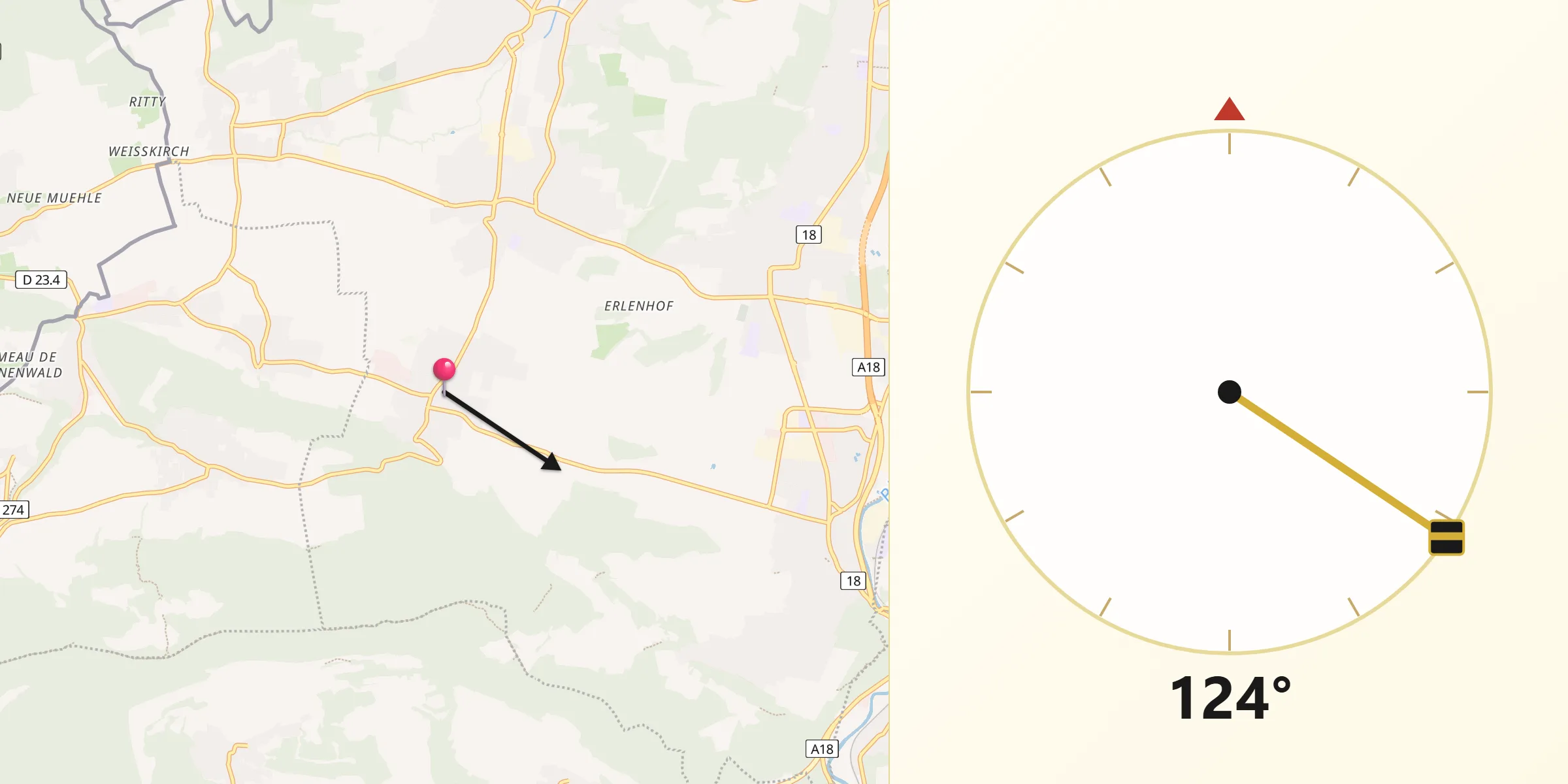 Direction vers la Qibla depuis Ettingen