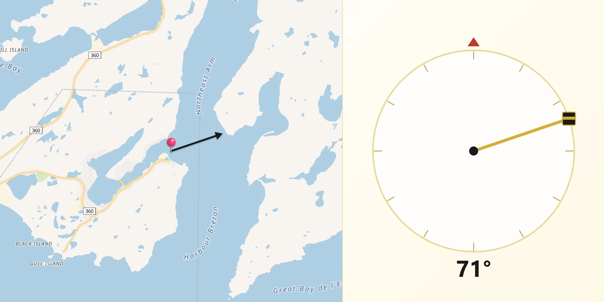 Qibla Direction from Harbour Breton