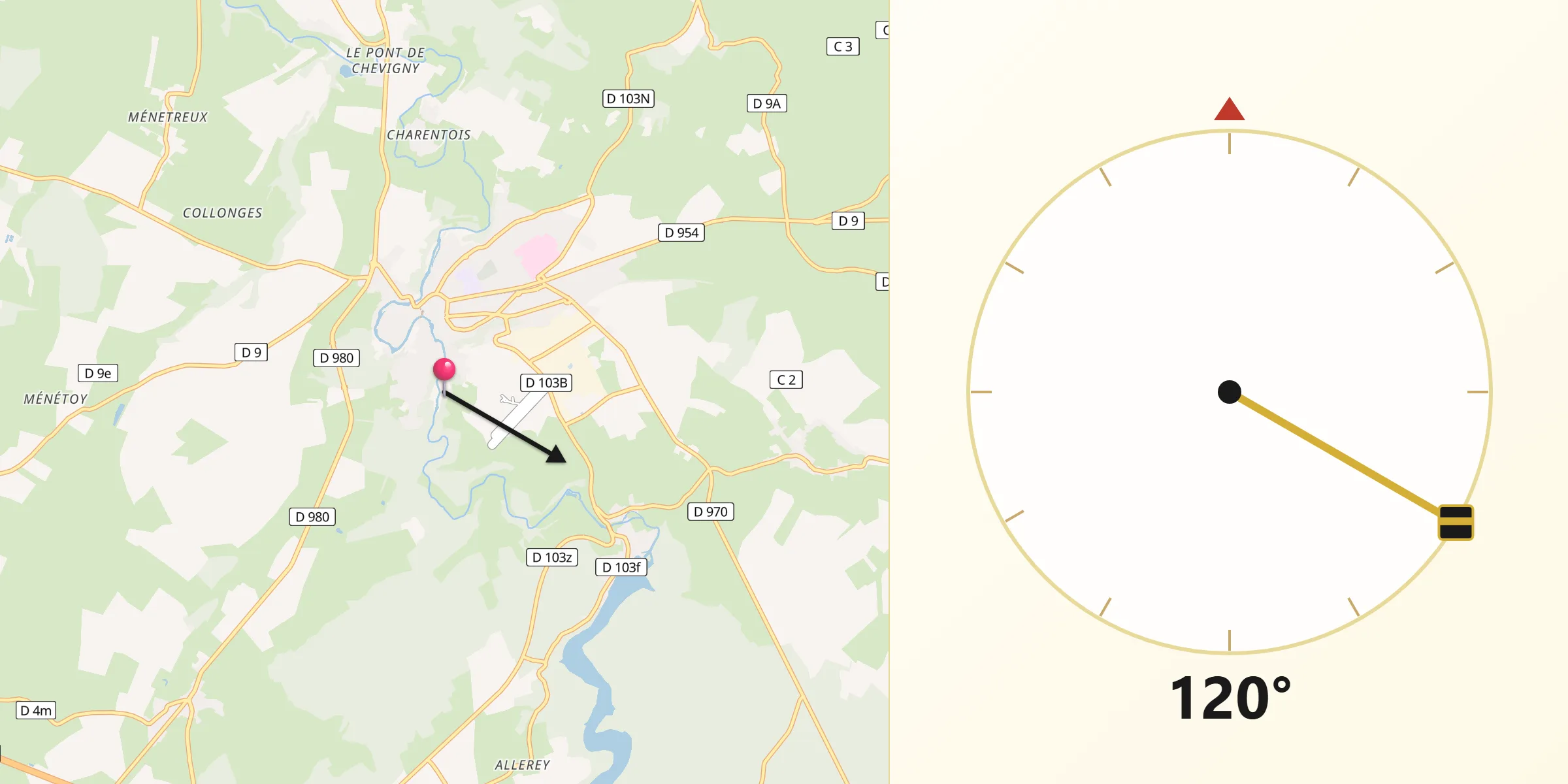 Direction vers la Qibla depuis Semur-en-Auxois