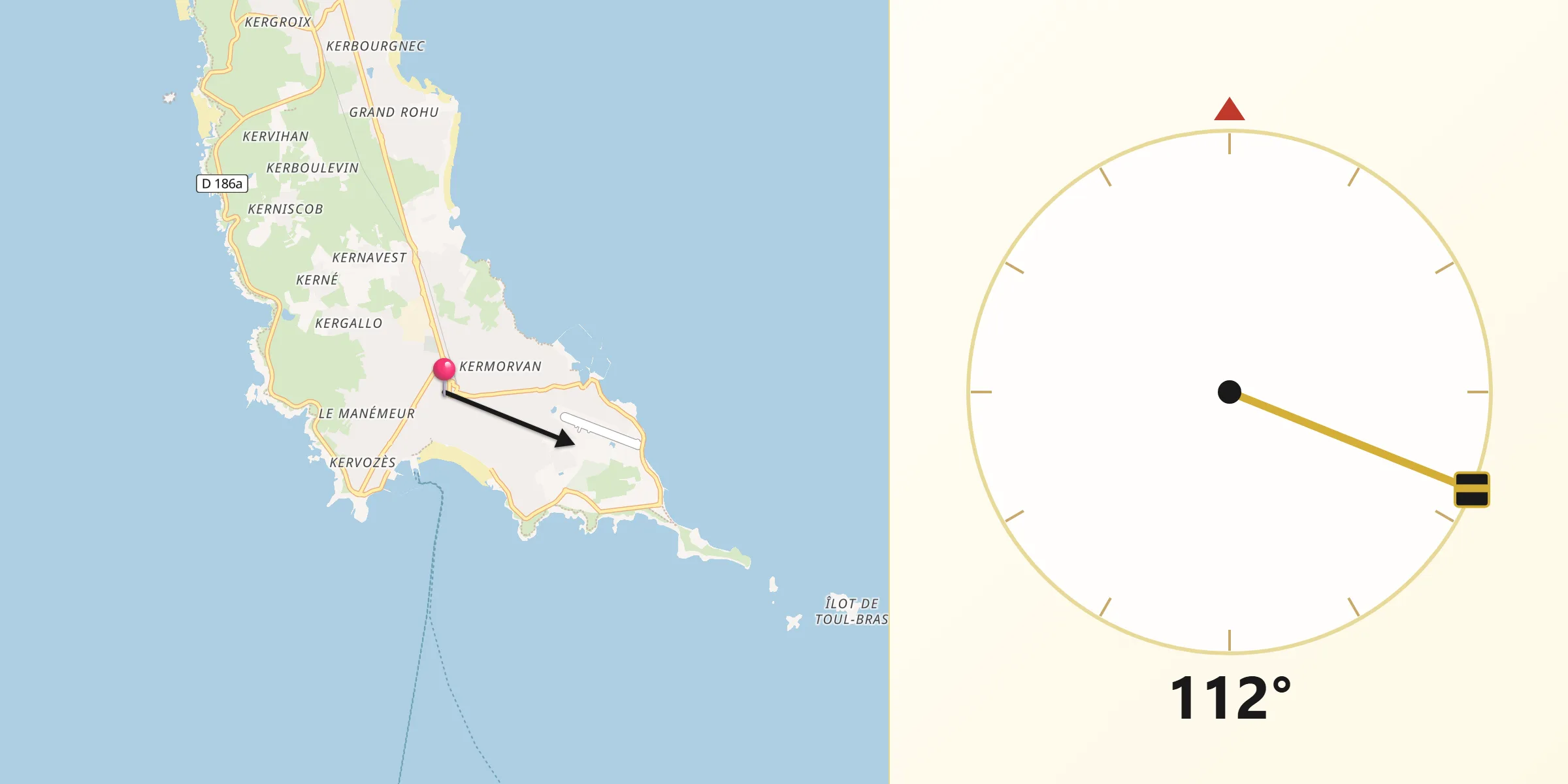 Direction vers la Qibla depuis Quiberon
